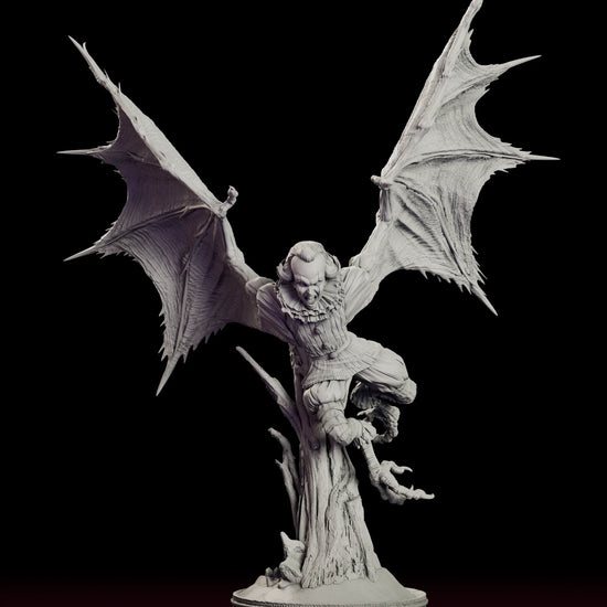 A 360 degree turntable of the Winged Pennywise figure model kit spreading vast bat wings above a gnarled dead branch.