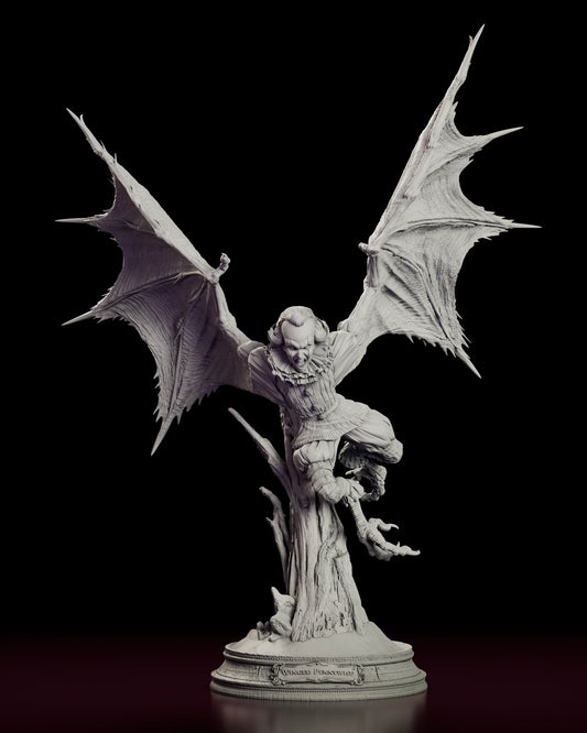A 360 degree turntable of the Winged Pennywise figure model kit spreading vast bat wings above a gnarled dead branch.