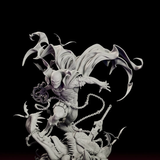 Turntable video of the Wraithcloak Spawn figure model kit showing Spawn leaping onto a skull-strewn base with his cape spread and chains flying