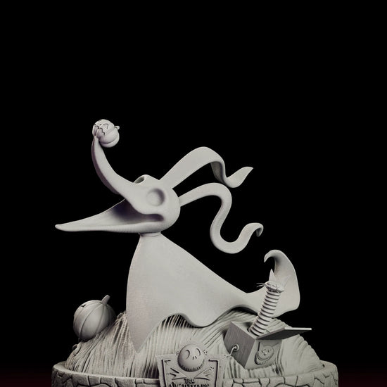 Rotating 360 degree view of the Zero figure model kit showing the ghost dog flying nose first over a cobblestone base dressed with a pumpkin and a jack-in-the-box