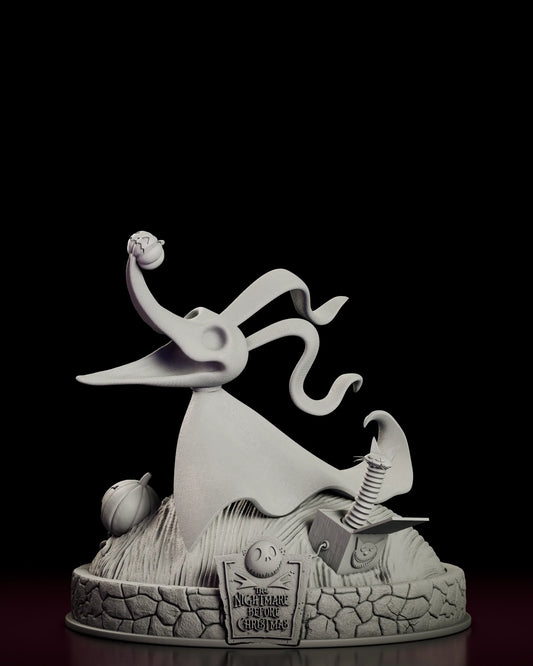 Rotating 360 degree view of the Zero figure model kit showing the ghost dog flying nose first over a cobblestone base dressed with a pumpkin and a jack-in-the-box
