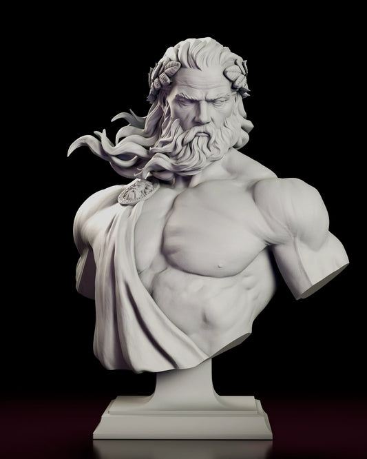 Turntable video of the Zeus King of Olympus Bust figure model kit showing the god with a laurel wreath and wind-swept beard on a square pedestal