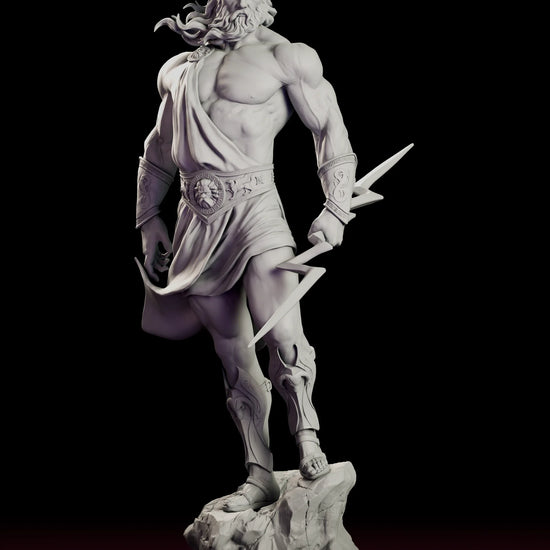 Turntable video of the Zeus King of Olympus figure model kit showing the god striding off a rocky outcrop with a lightning bolt in his hand and his beard blown back by the wind