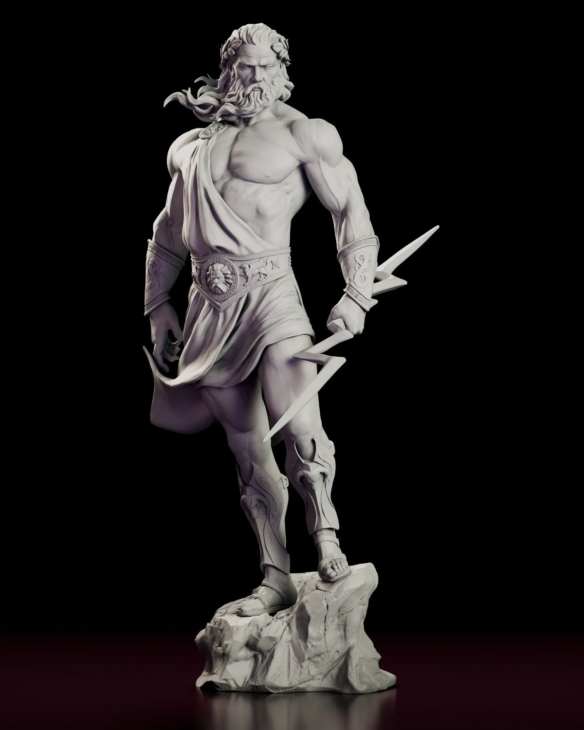 Turntable video of the Zeus King of Olympus figure model kit showing the god striding off a rocky outcrop with a lightning bolt in his hand and his beard blown back by the wind