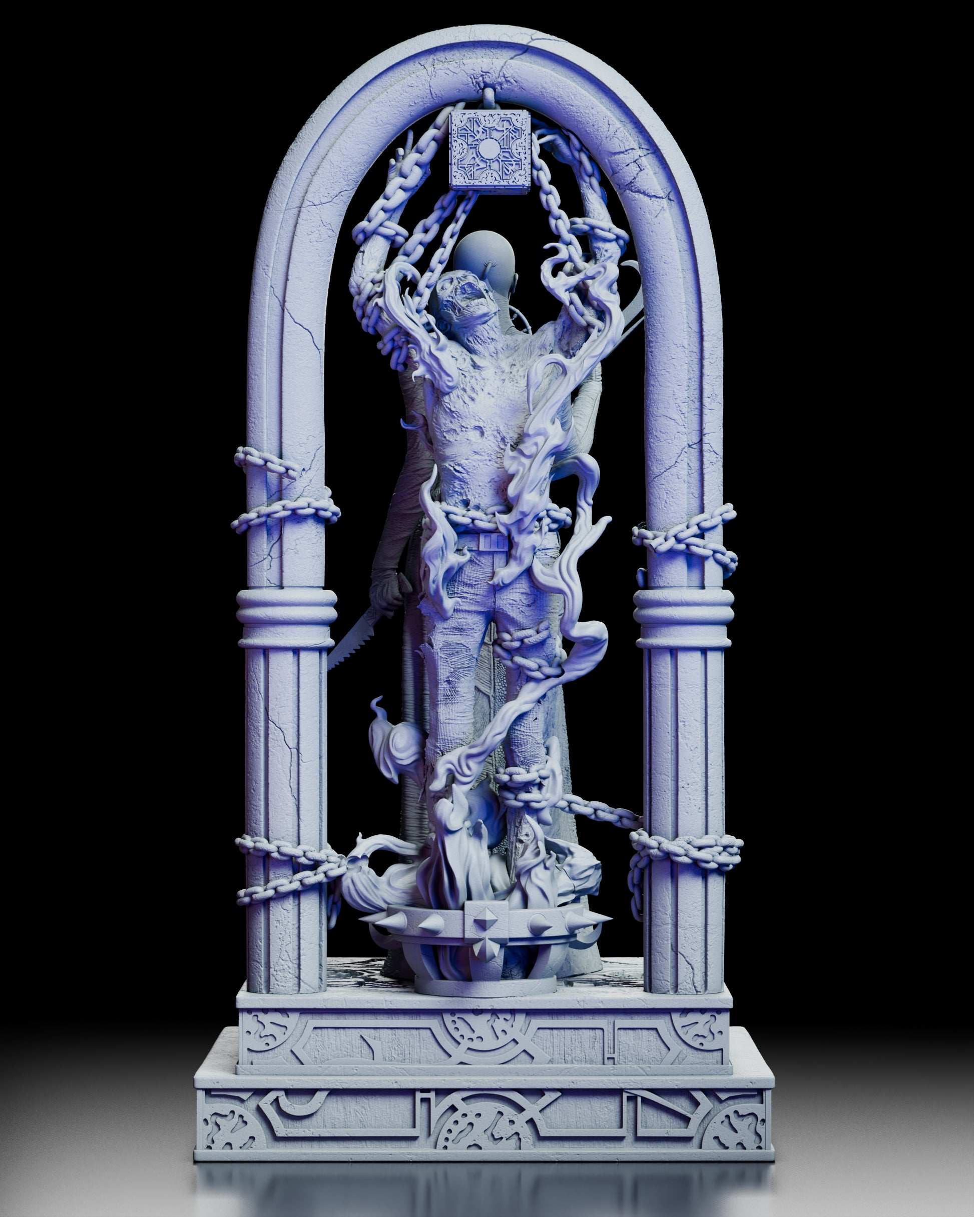 Rear view of the Female Cenobite figure showing the suspended tortured figure, chains, and arched pillar structure.