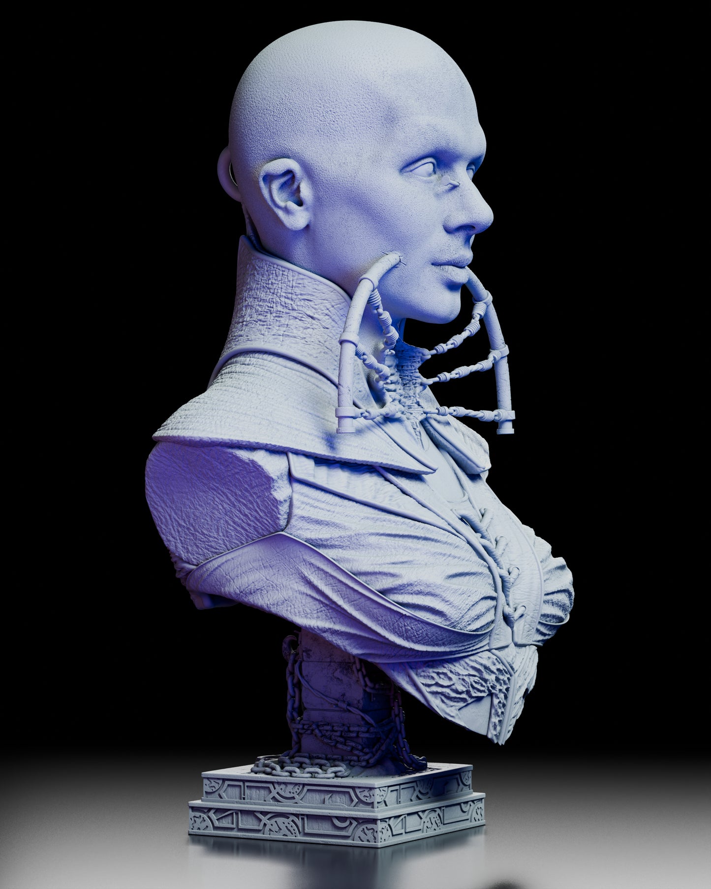 Right three quarter view of the Priestess of Suffering silent cenobite portrait bust emphasizing the serene expression, neck arches, and flowing garment textures