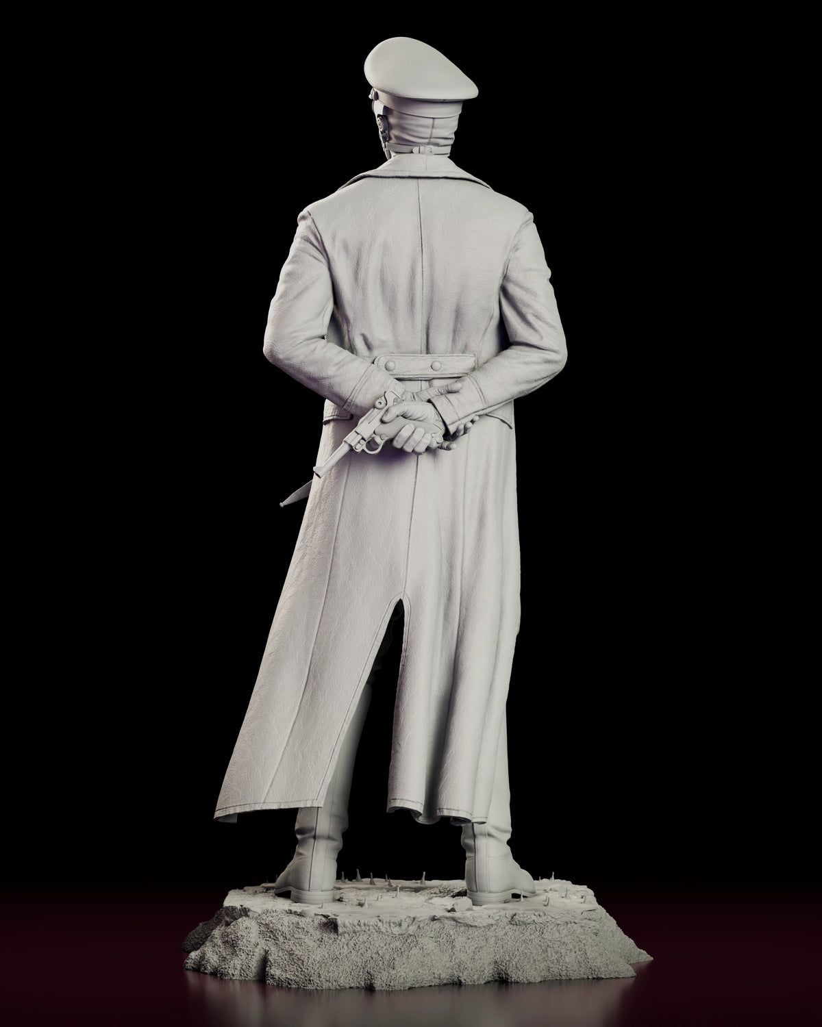 Rear view of the Karl Kroenen figure model kit showing the greatcoat from behind and the pistol held at the small of his back