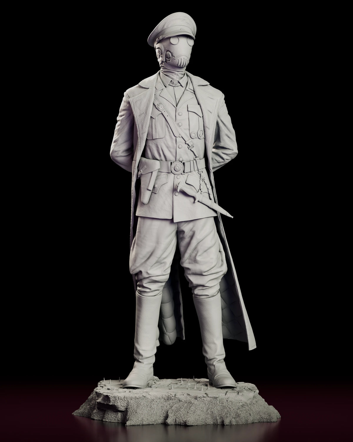 Front view of the Karl Kroenen figure model kit showing the buttoned tunic, belt, holster and tall riding boots
