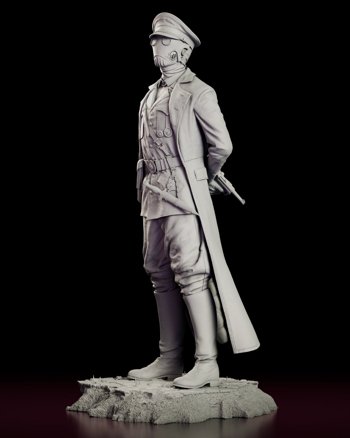 Left side view of the Karl Kroenen figure model kit showing the holster on the hip and the coat draped from the shoulder