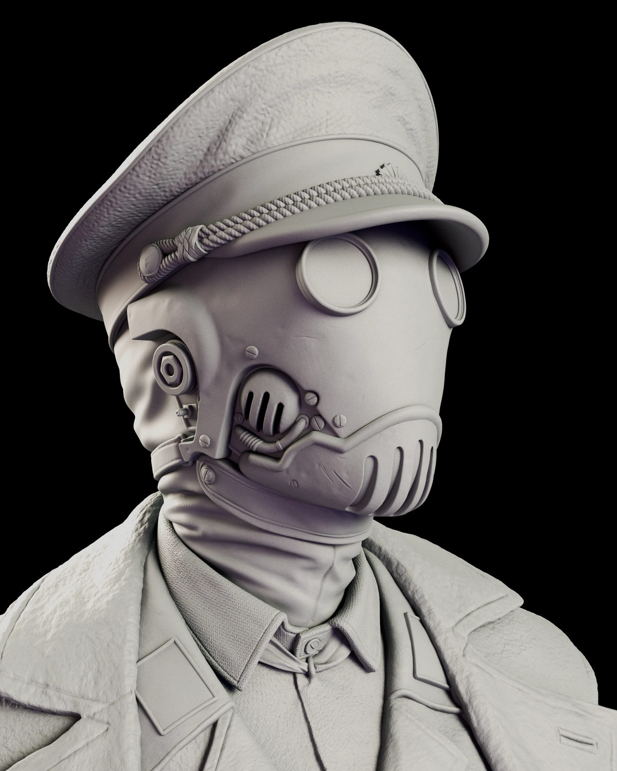 Close study of the Karl Kroenen mask showing the round lens plates, fluted breathing grille and strap fittings beneath the cap brim