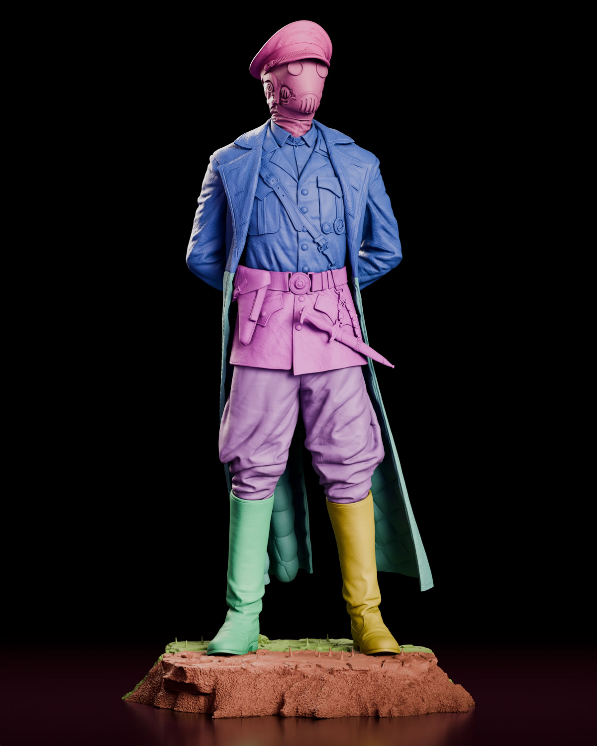 Parts breakdown render of the Karl Kroenen figure model kit with each separate component shown in a different colour