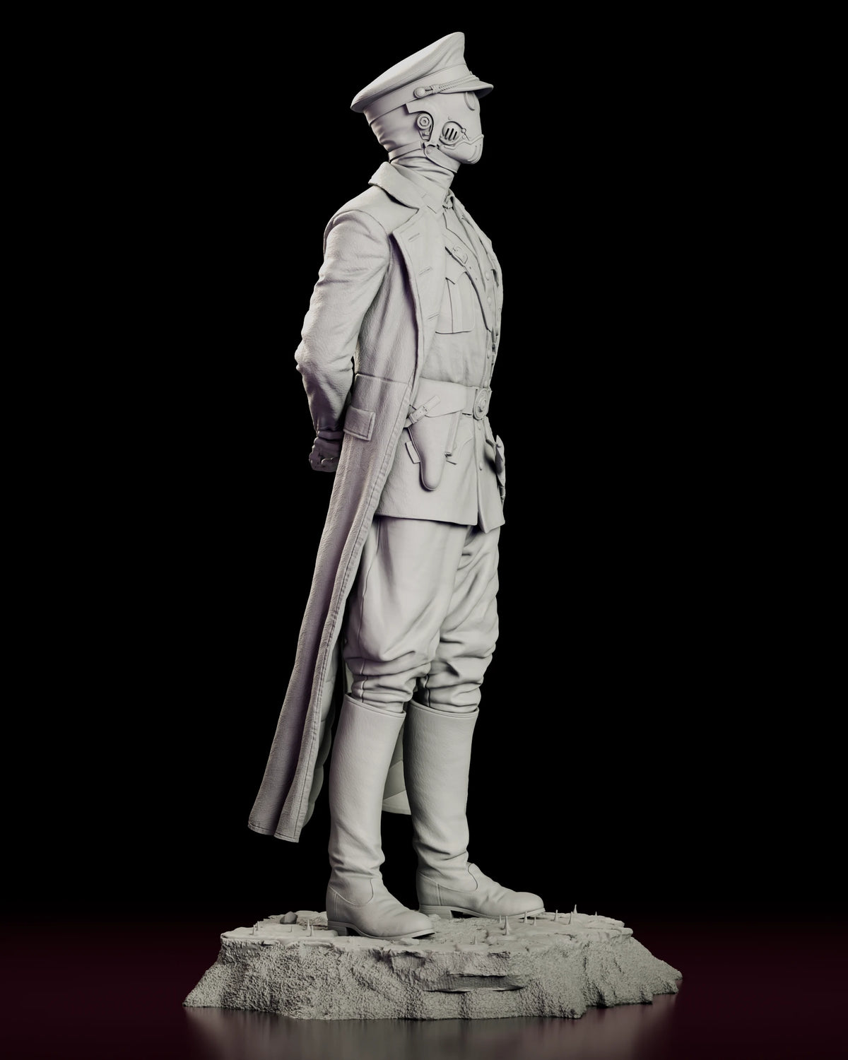 Right side view of the Karl Kroenen figure model kit showing the blades at his hip and the fall of the greatcoat