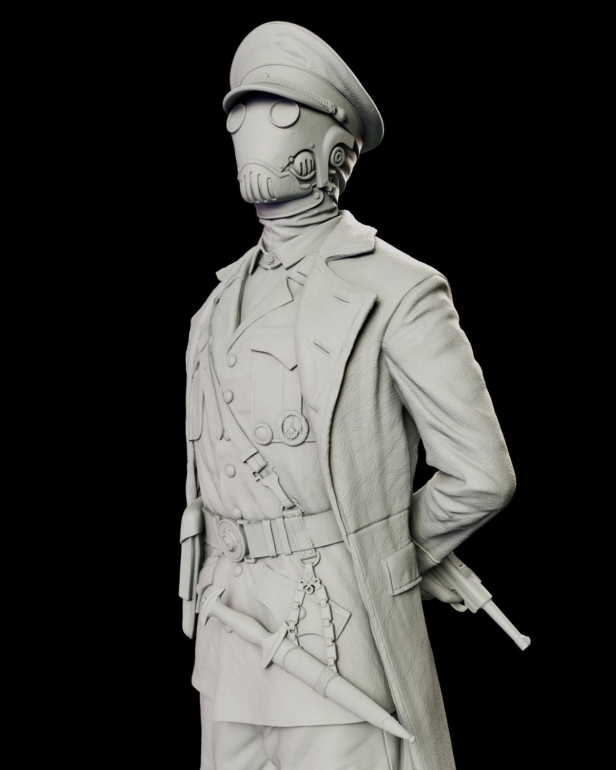 Upper body detail of Karl Kroenen showing the lensed mask, peaked cap, cross strap and the blades hung on chainwork at his belt