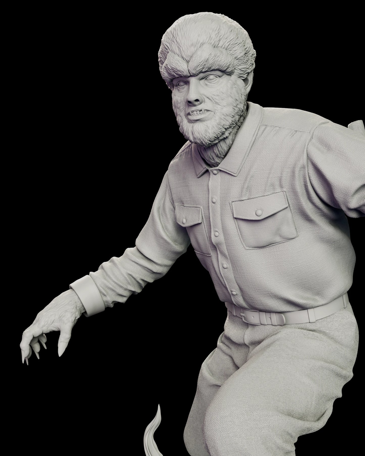Close detail of the Wolfman figure model kit showing the woven work shirt, buttoned flap pockets, leather belt and the long claws on his outstretched hand
