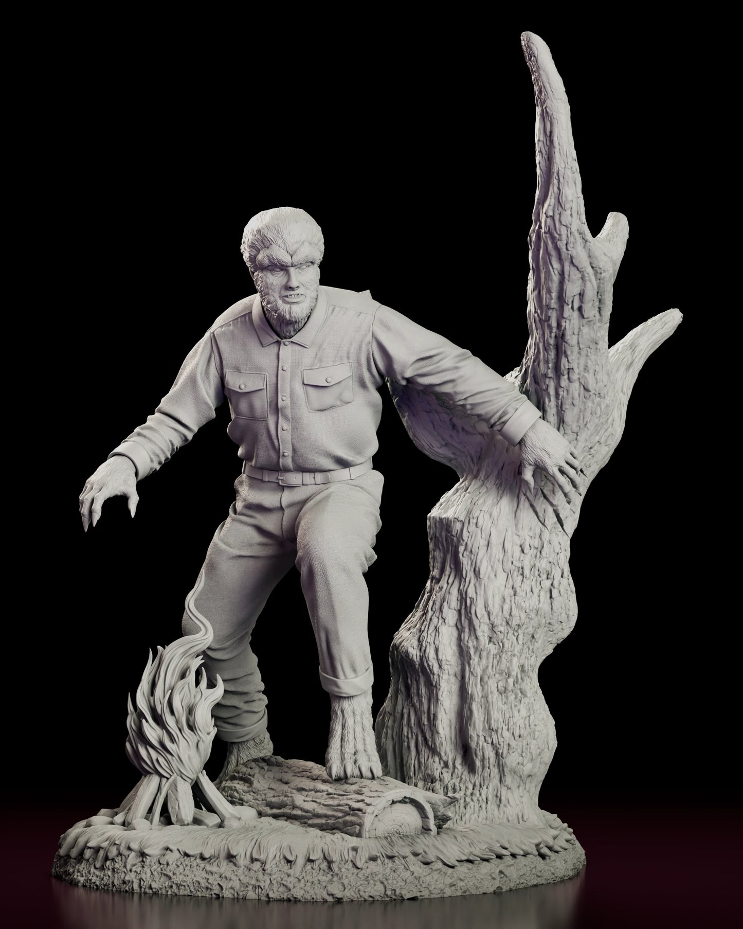 Front view of the Wolfman figure model kit crouched forward with claws spread, one hand on a lightning-split tree and a campfire burning at his feet