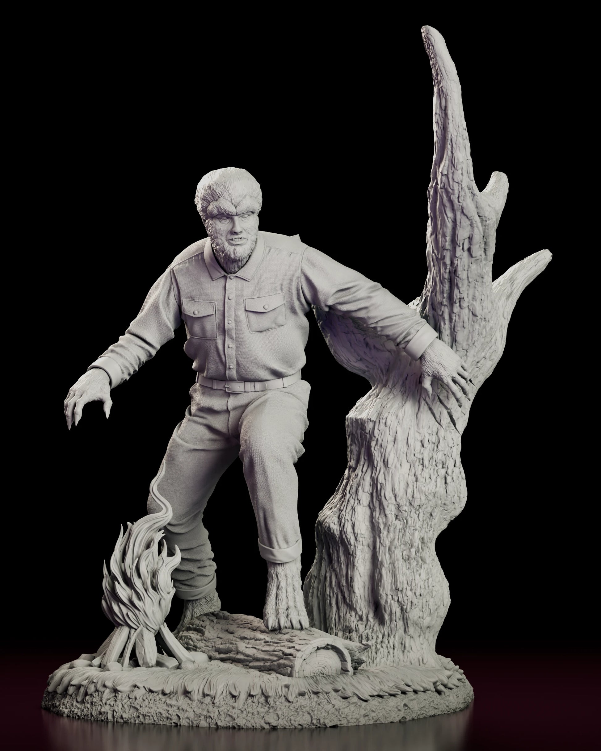 Front view of the Wolfman figure model kit crouched forward with claws spread, one hand on a lightning-split tree and a campfire burning at his feet