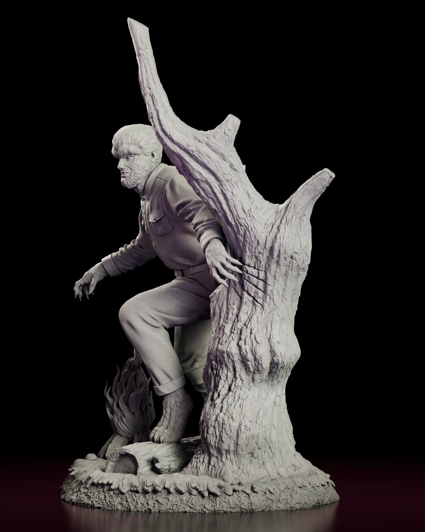 Left side view of the Wolfman figure model kit with the outstretched clawed hand in profile and the campfire and fallen log on the woodland base