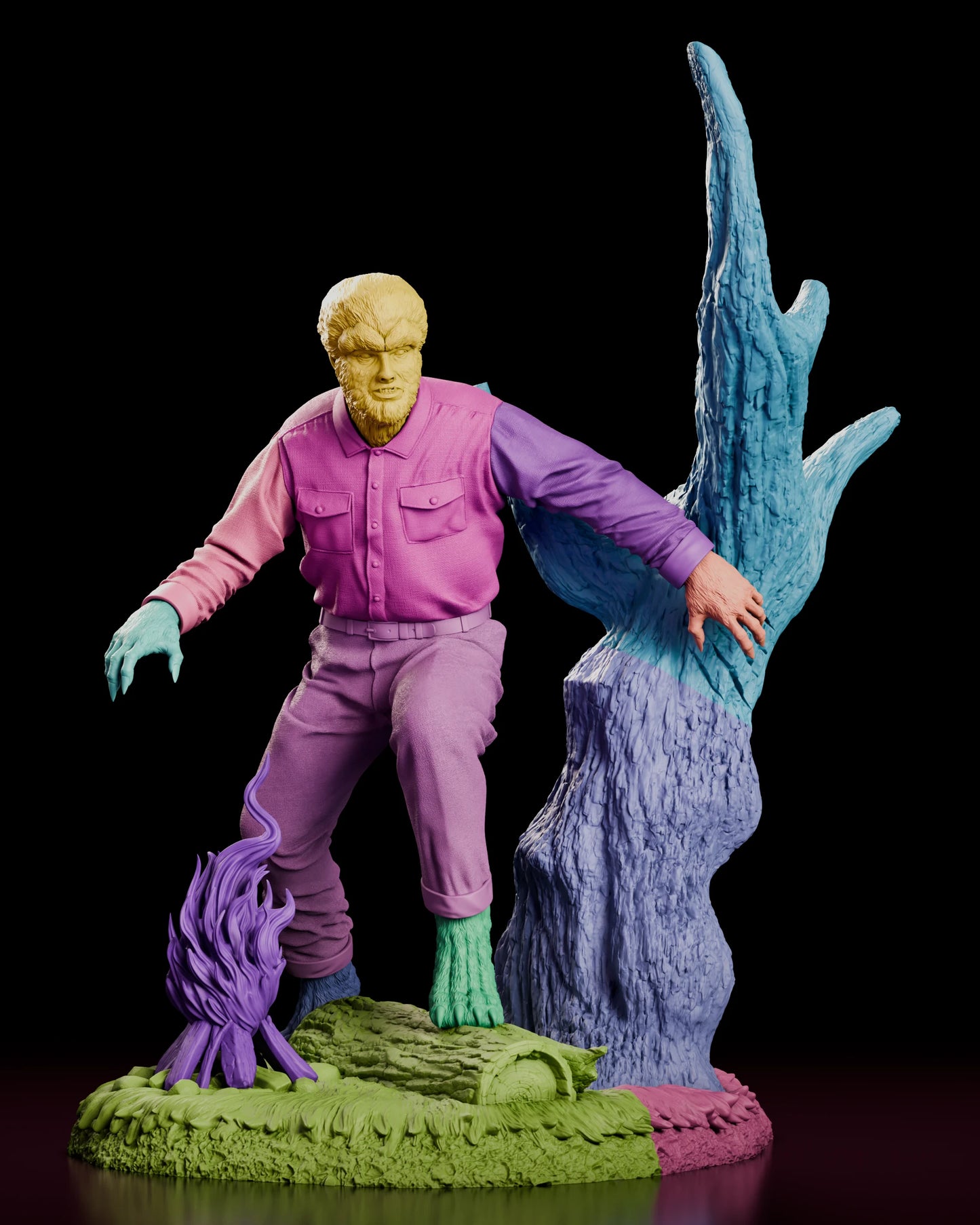 Parts breakdown of the Wolfman figure model kit with each component shown in a separate colour, including the head, torso, arms, legs, dead tree, campfire and woodland base