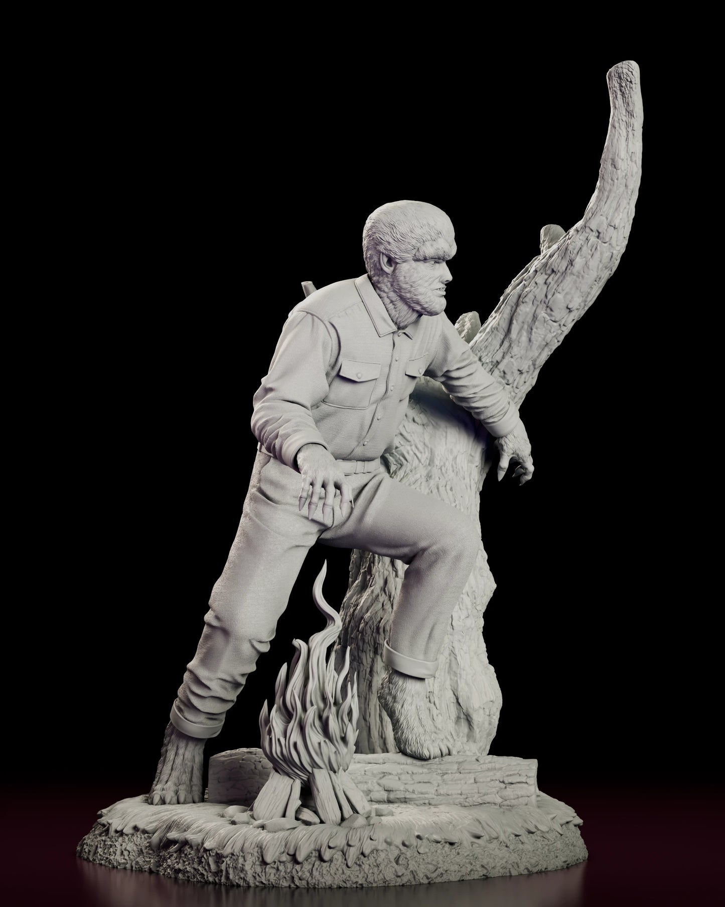 Right side view of the Wolfman figure model kit showing the forward crouch, the braced arm against the dead tree and the cuffed trousers over furred feet