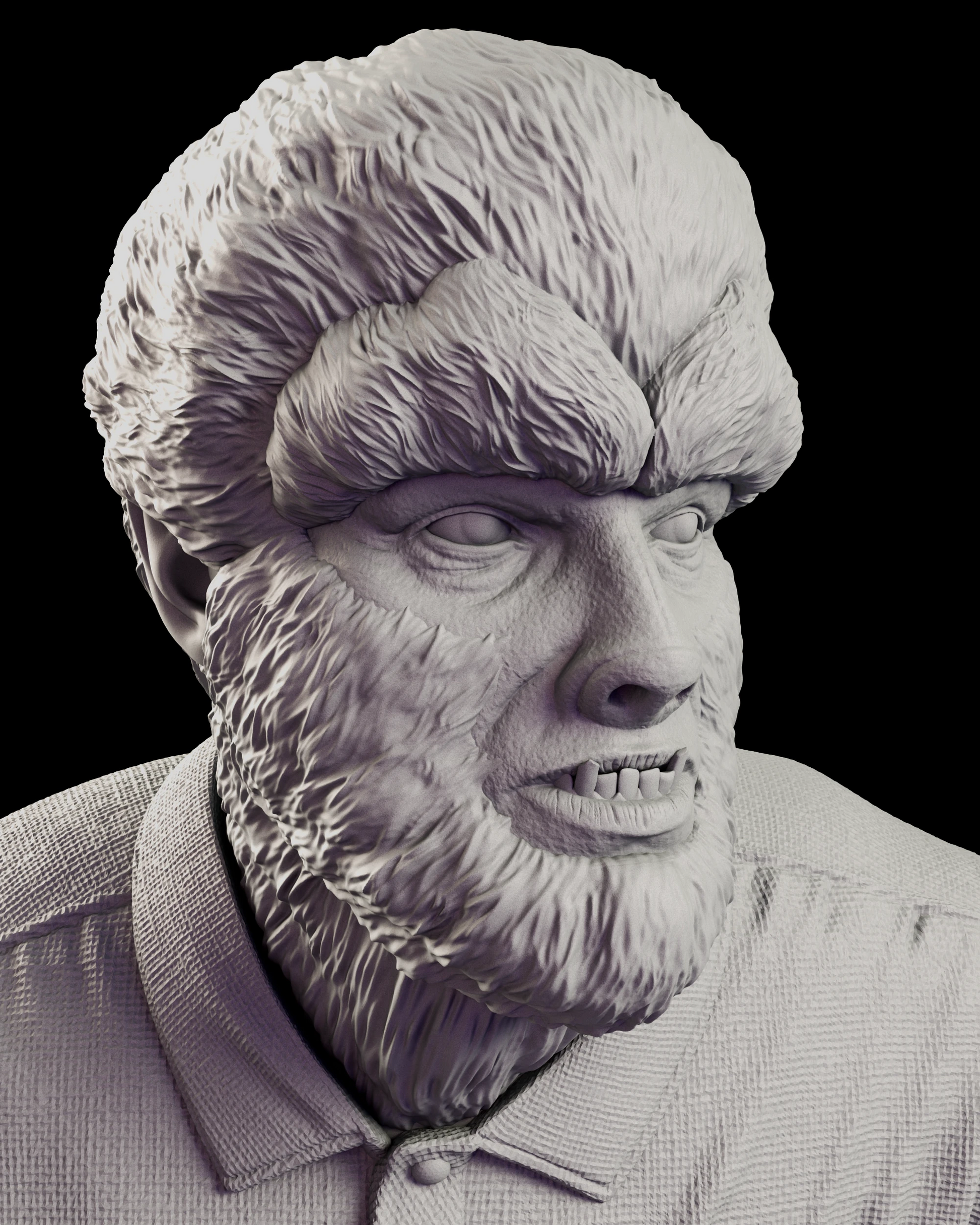 Head and shoulders portrait of the Wolfman figure model kit, showing the swept-back fur crest, heavy brow, broad muzzle and bared teeth above a collared work shirt
