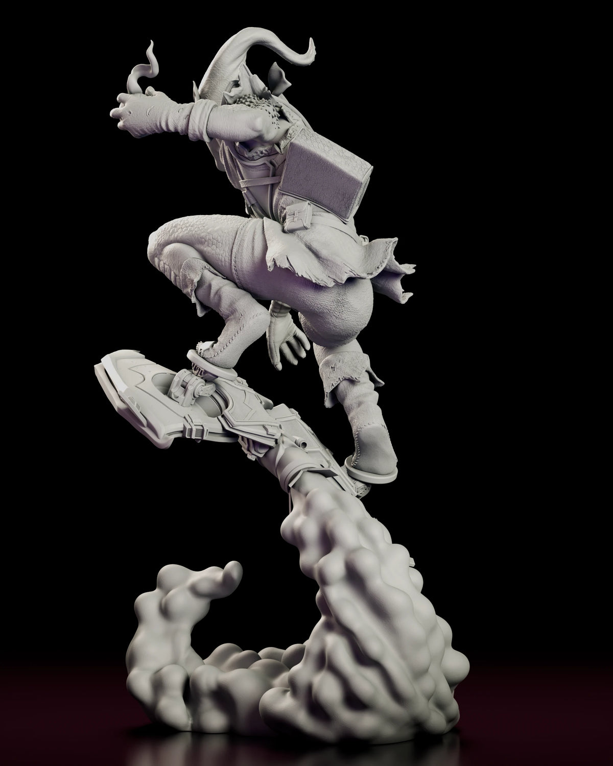 Rear view of the Green Goblin figure model kit showing the satchel and shoulder straps and the exhaust plume rising from the glider