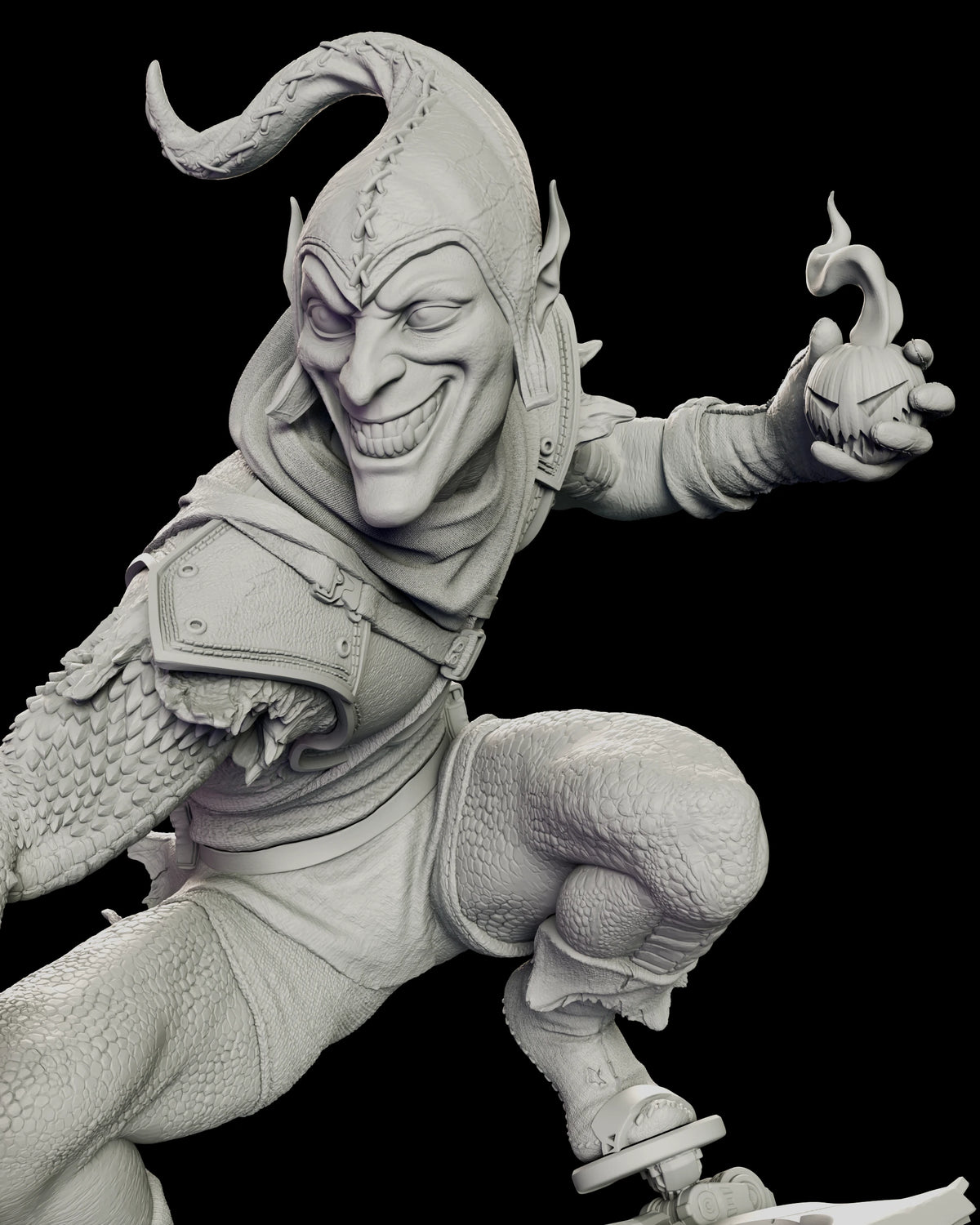 Detail of the Green Goblin grinning as he raises a smoking pumpkin bomb, showing the scaled sleeve and strapped shoulder plate