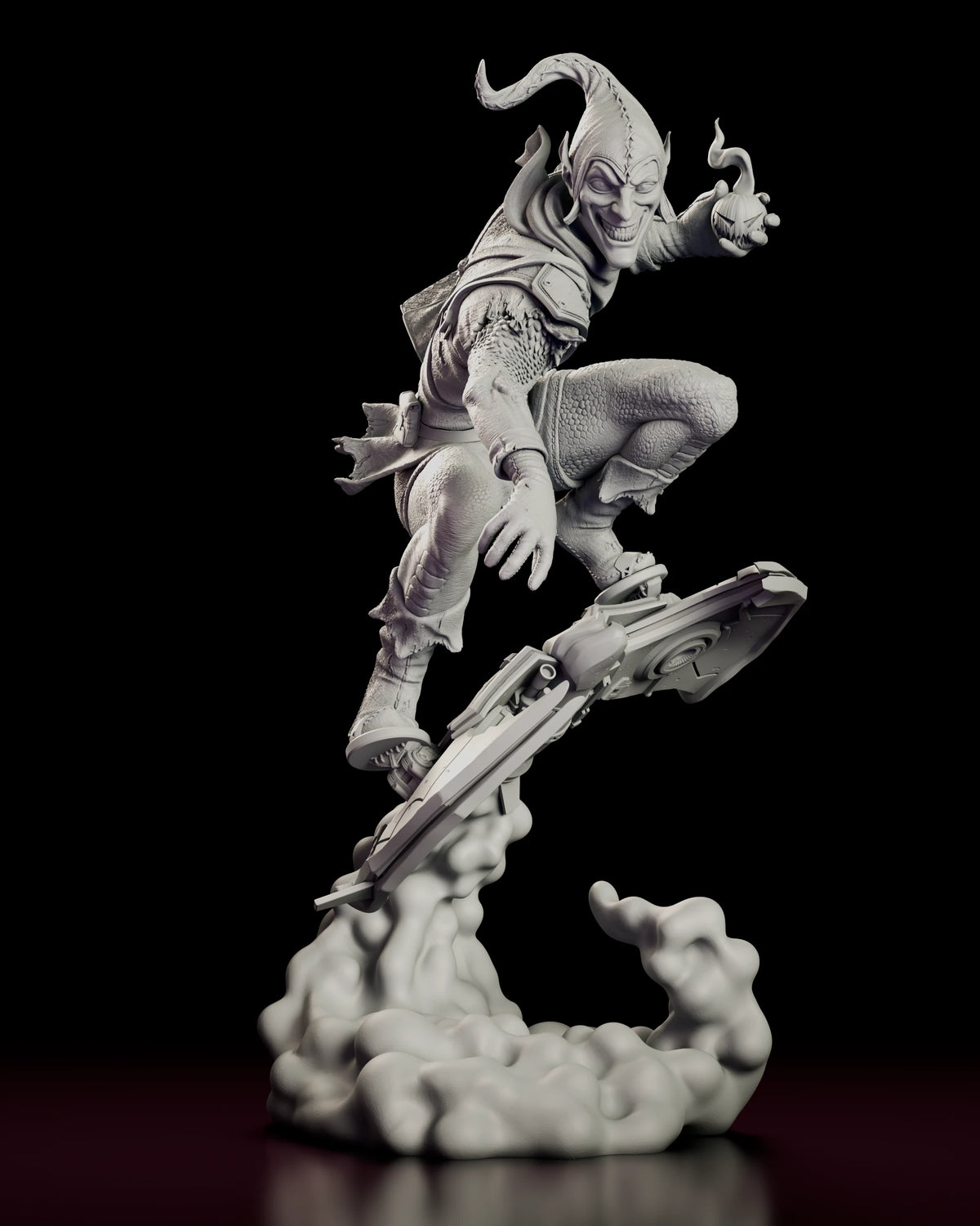 Front view of the Green Goblin figure model kit riding his glider low with one clawed hand reaching forward