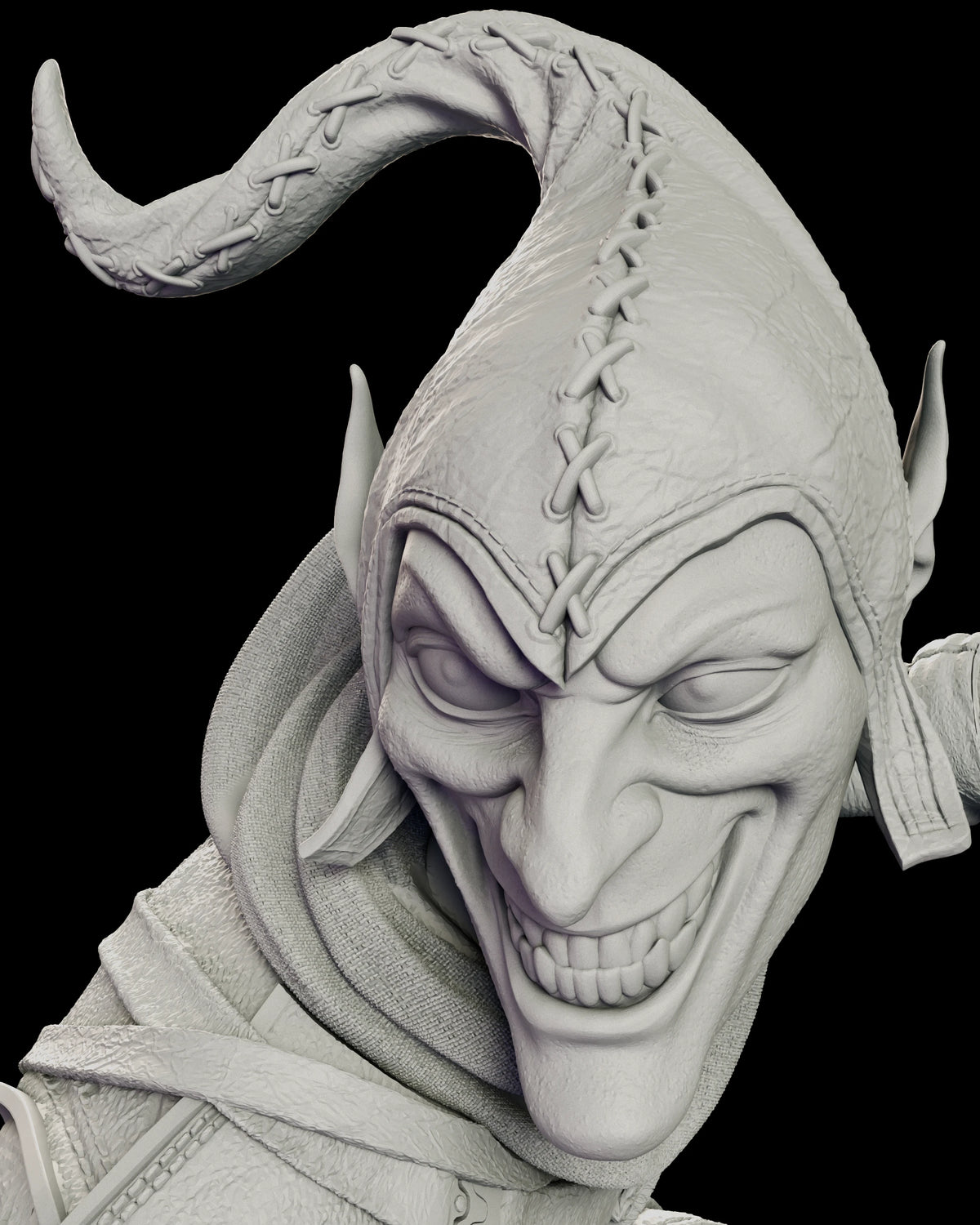 Portrait of the Green Goblin head showing the stitched leather cap, pointed ears and wide toothy grin