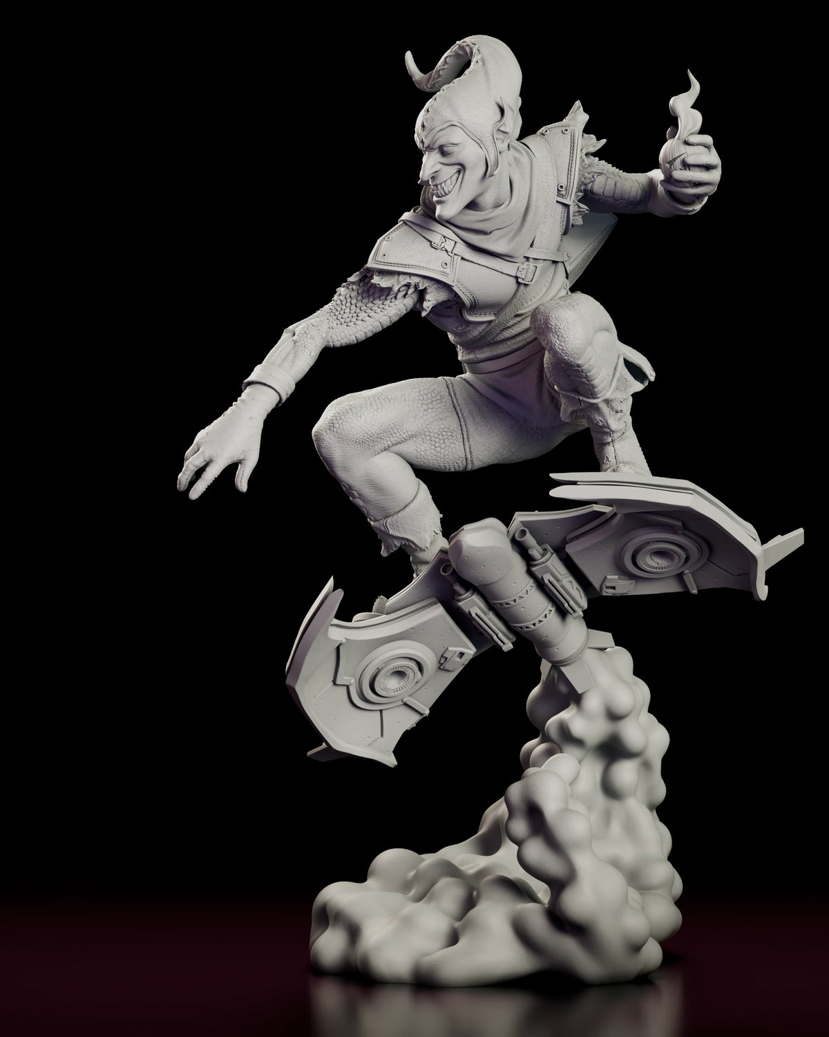 Left side view of the Green Goblin resin model showing the raised pumpkin bomb and the turbine on the glider deck