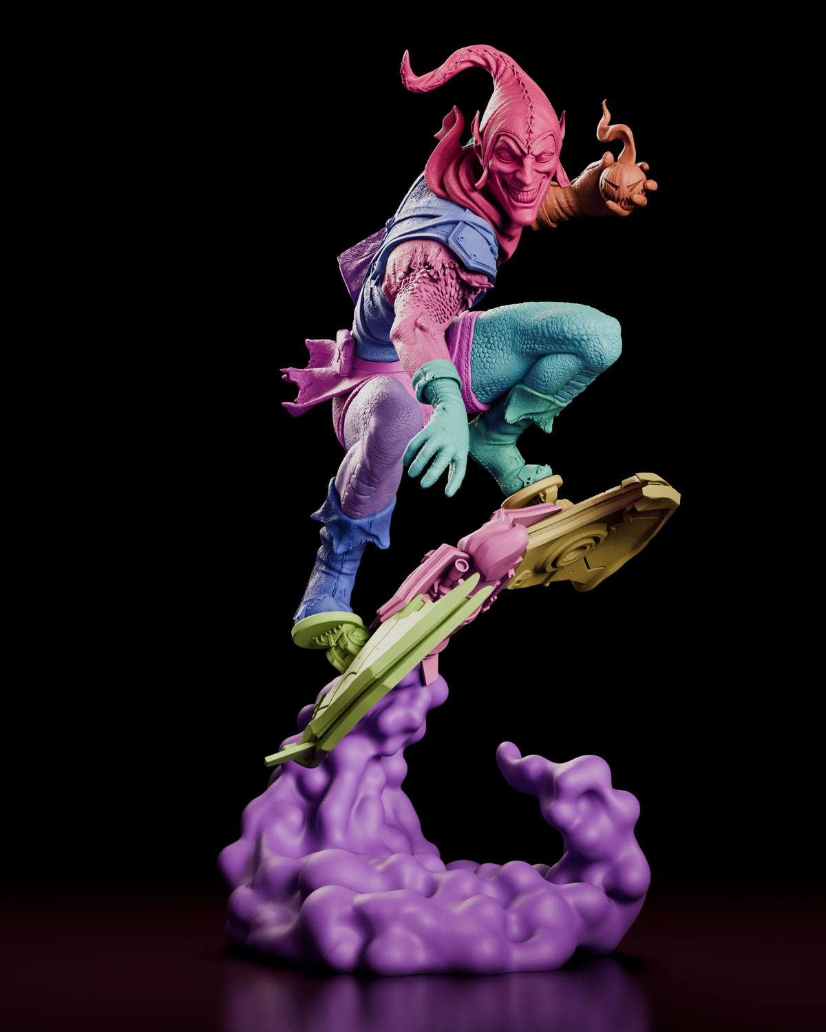 Parts breakdown of the Green Goblin resin kit with the figure, glider sections and smoke base shown in separate colours