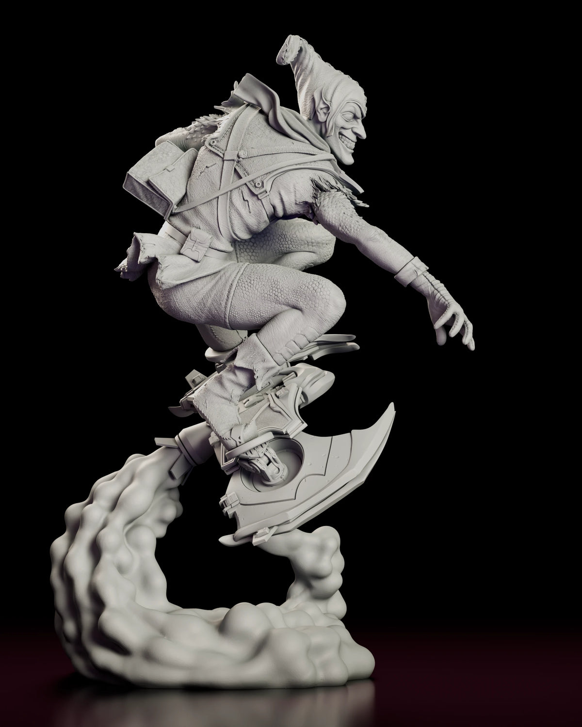 Right side view of the Green Goblin resin model showing the satchel on his back and the bladed wing of the glider