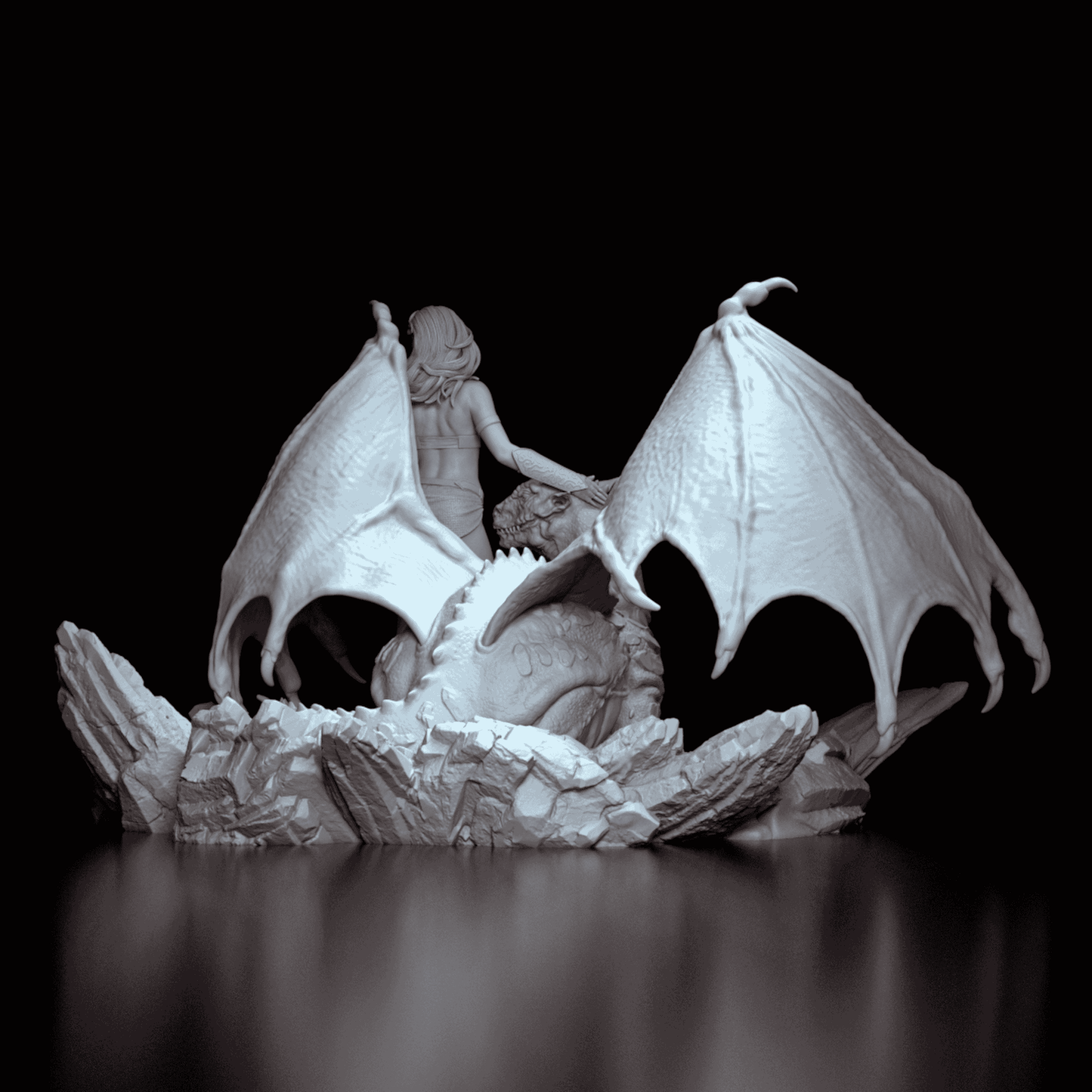 Pyralis - female warrior with dragon companion, back view, showing details of dragon's wings and warrior's pose. Fantasy model kit.