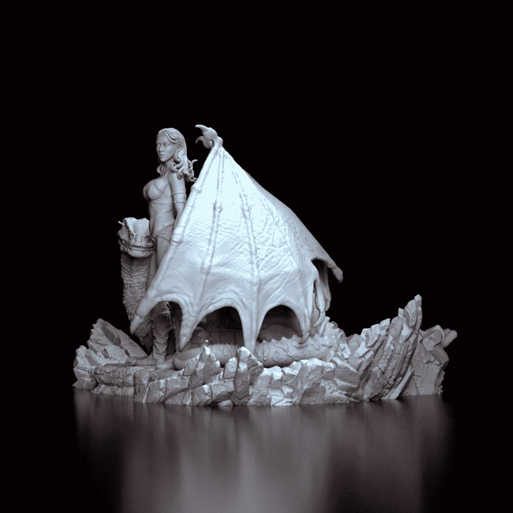 Pyralis - female warrior with her hand on her dragon companion, left side profile. Detailed resin figure kit by Kuton.