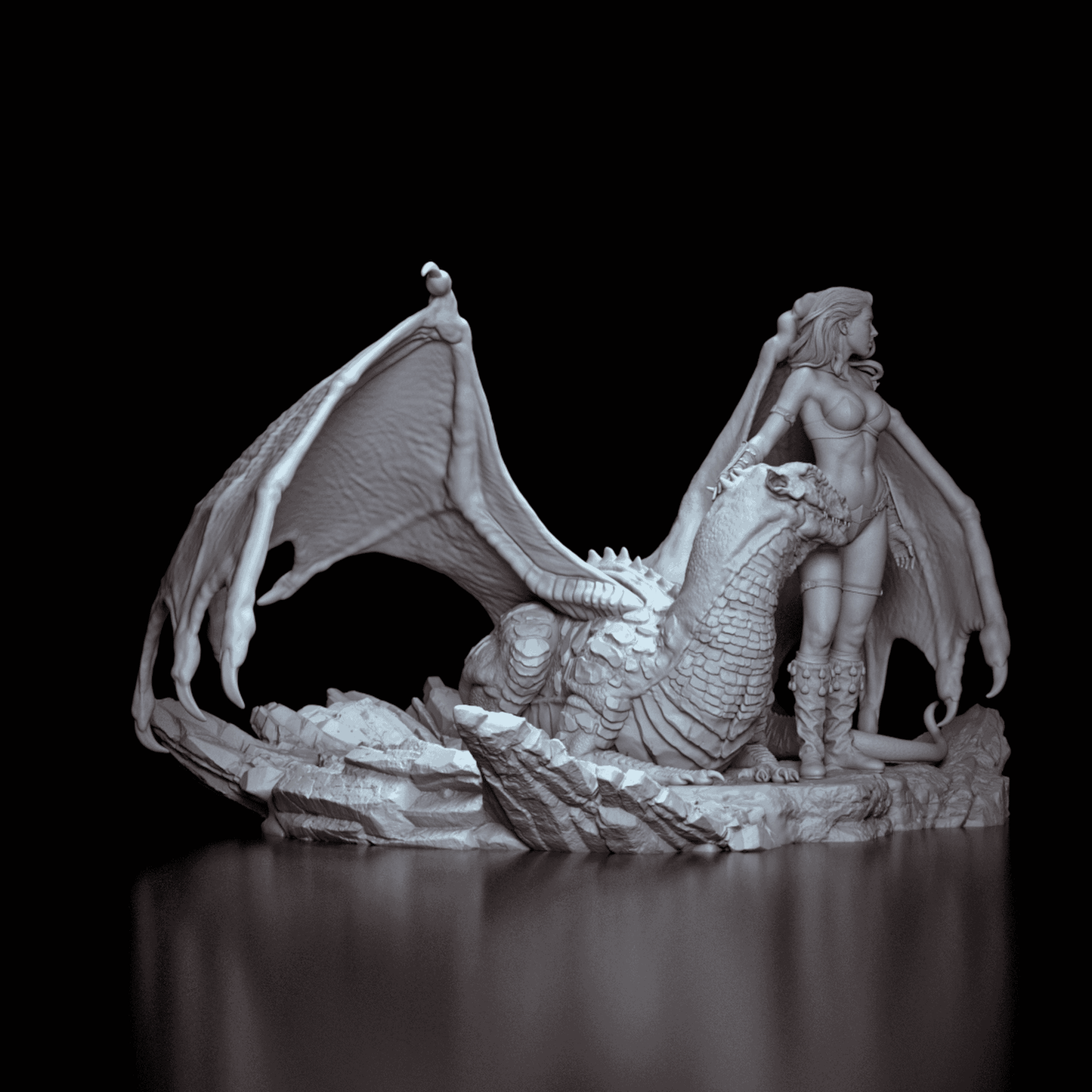Pyralis - female warrior with her hand on her dragon companion, right side profile. Detailed resin figure kit by Kuton.