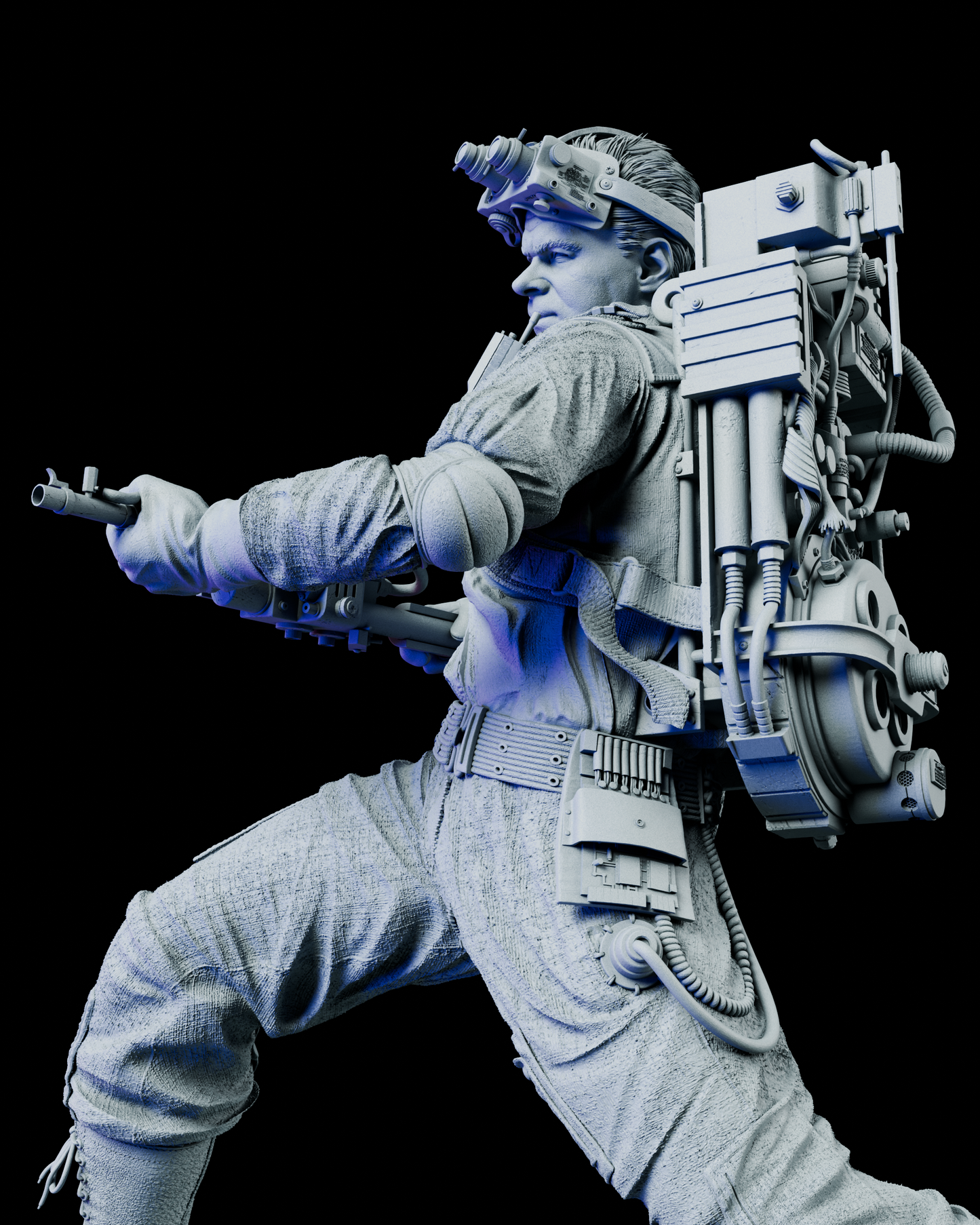 Side view of Ray Stantz figure kit aiming his proton blaster, showcasing the detailed proton pack, textured jumpsuit, and focused expression