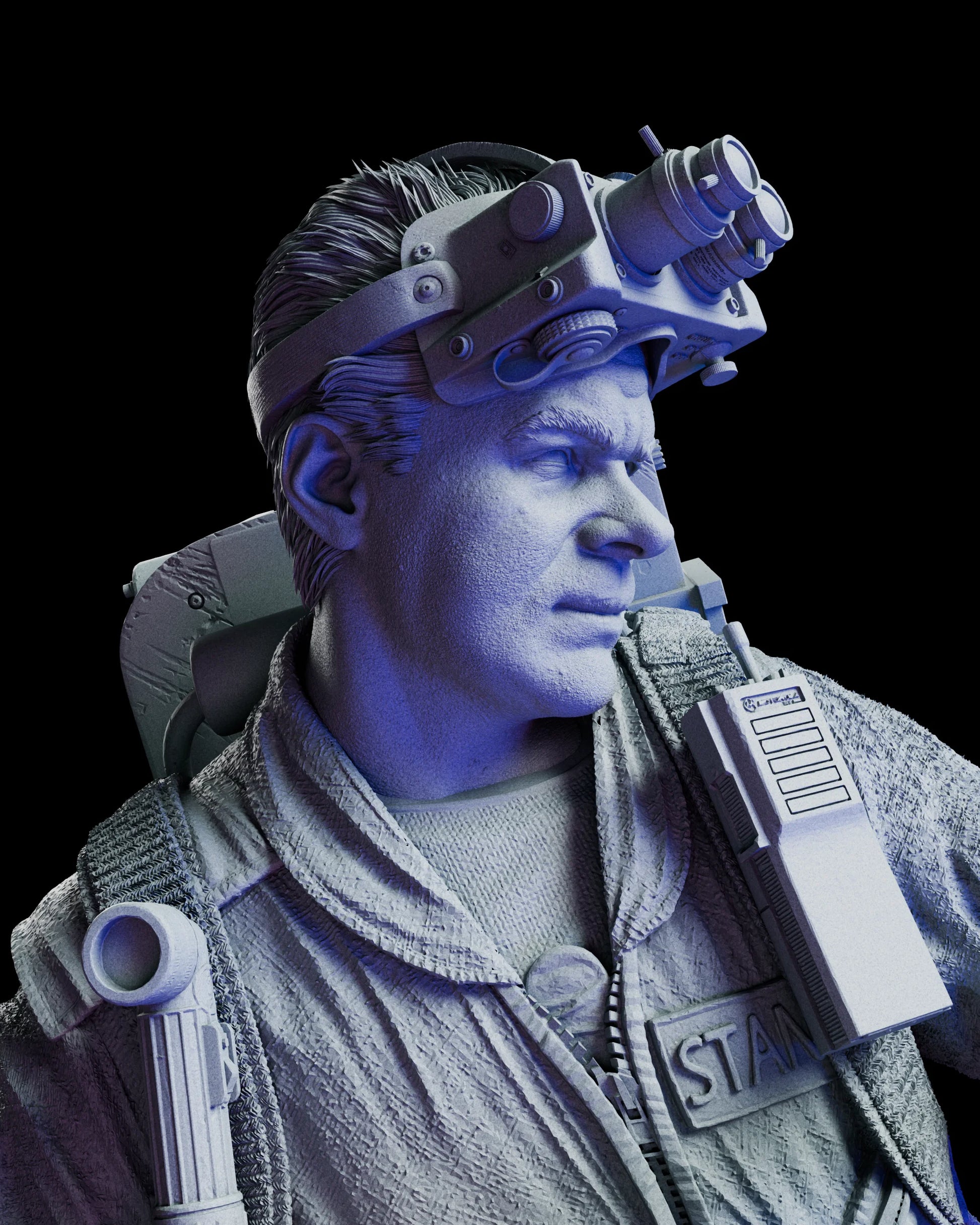 Close-up portrait of Ray Stantz wearing night-vision goggles with finely sculpted facial features and radio detail