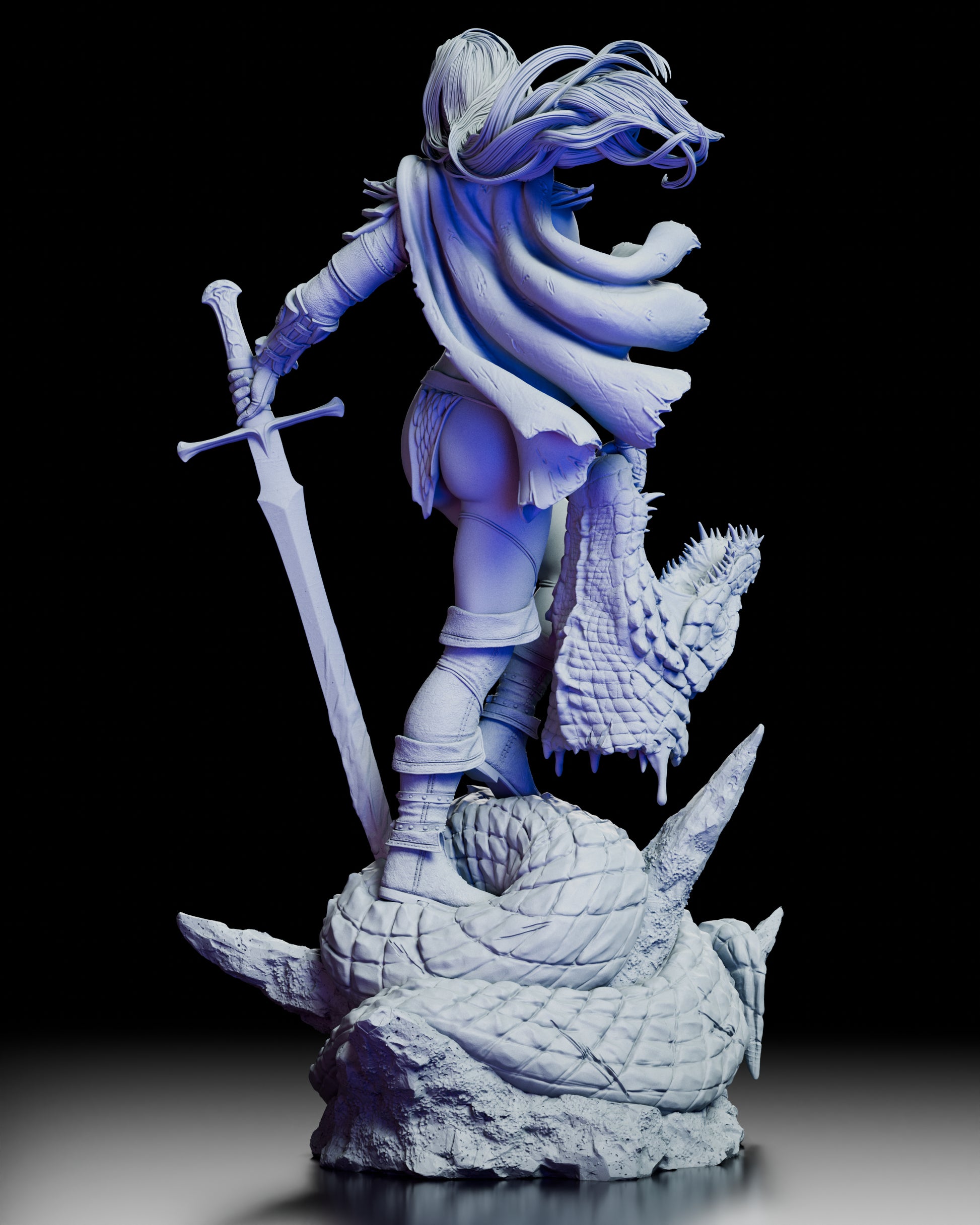 Rear view of The Red Haired Warrior showcasing flowing hair cloak movement and serpent base detail