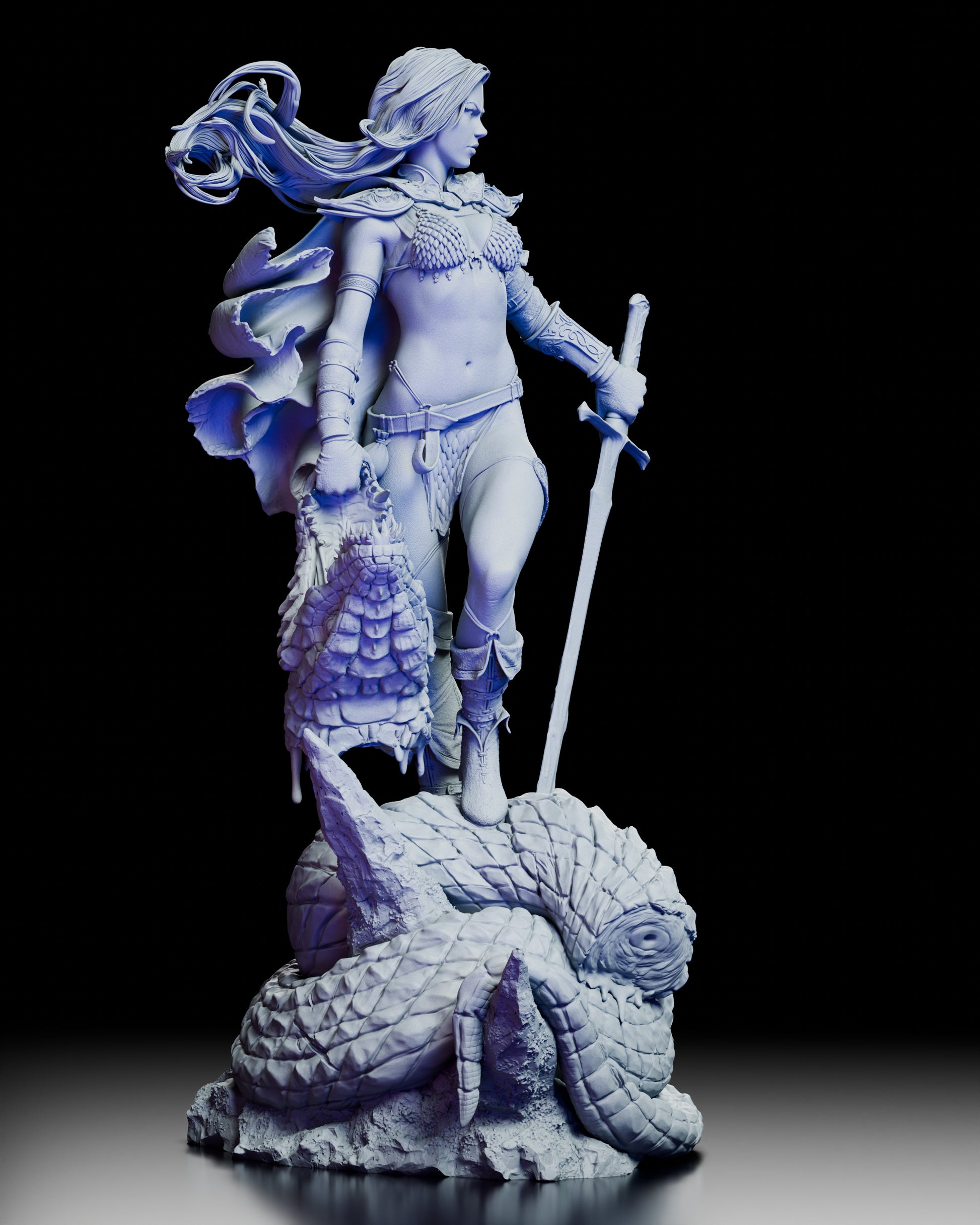 Right side view showing sword placement flowing cape and dynamic battle pose composition