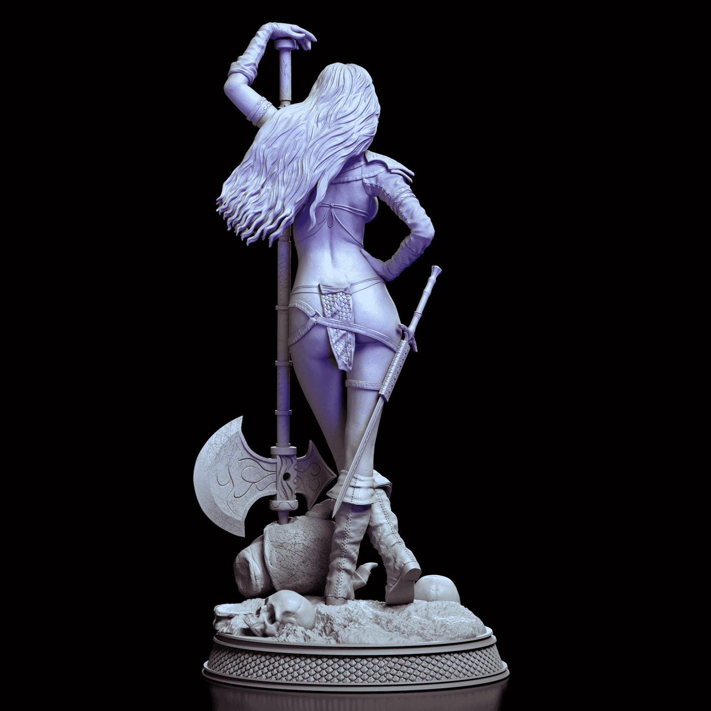Back view of Red Sonja resin figure kit showing flowing hair, detailed armor, and battle axe