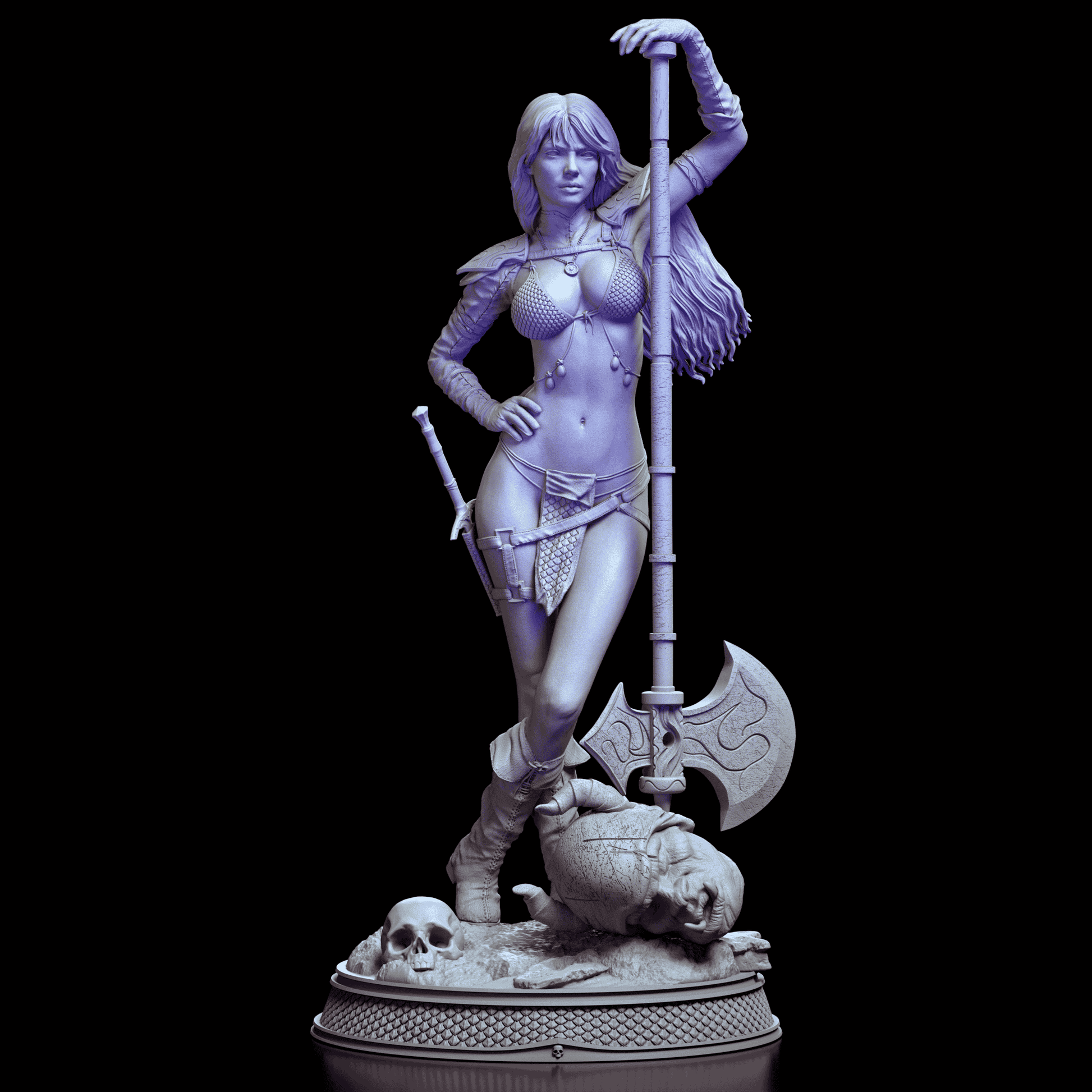 Front view of Red Sonja resin figure kit sculpted by CA3D, leaning on a battle axe over a defeated foe