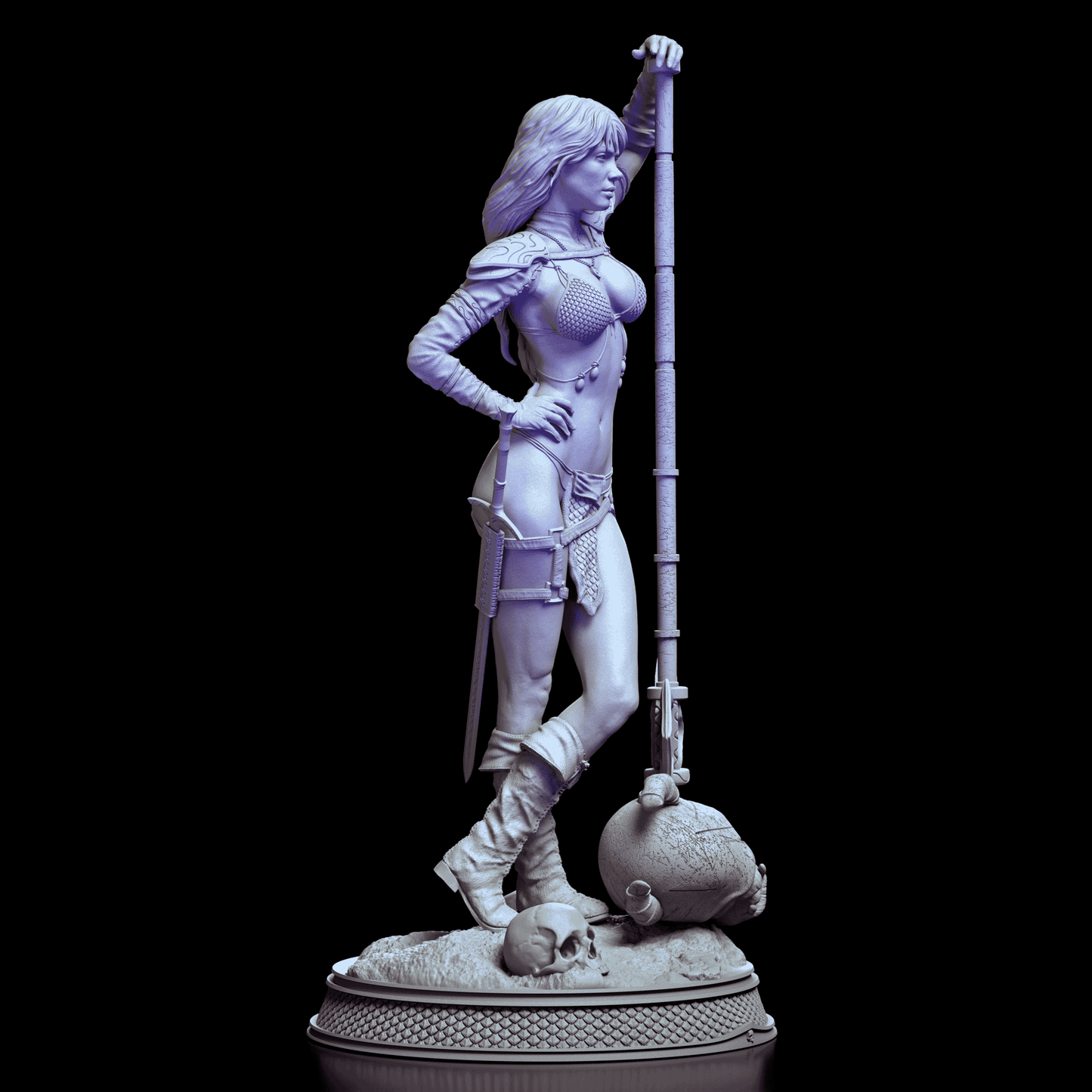Right profile of Red Sonja resin figure kit highlighting sculpted details and base elements