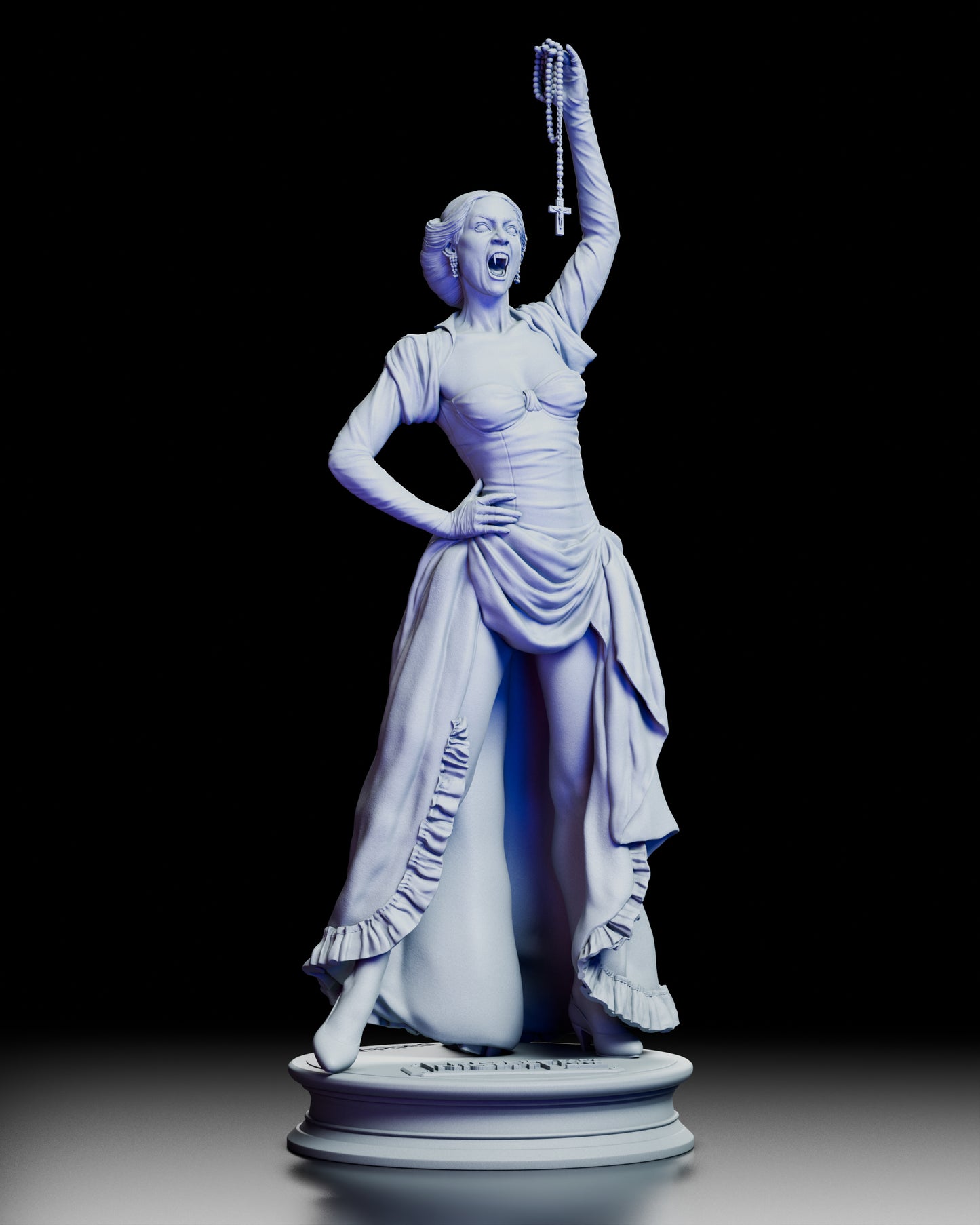 Front view of the Regine Fright Night 2 maquette showing her dramatic vampiric pose with a raised rosary and flowing gown.