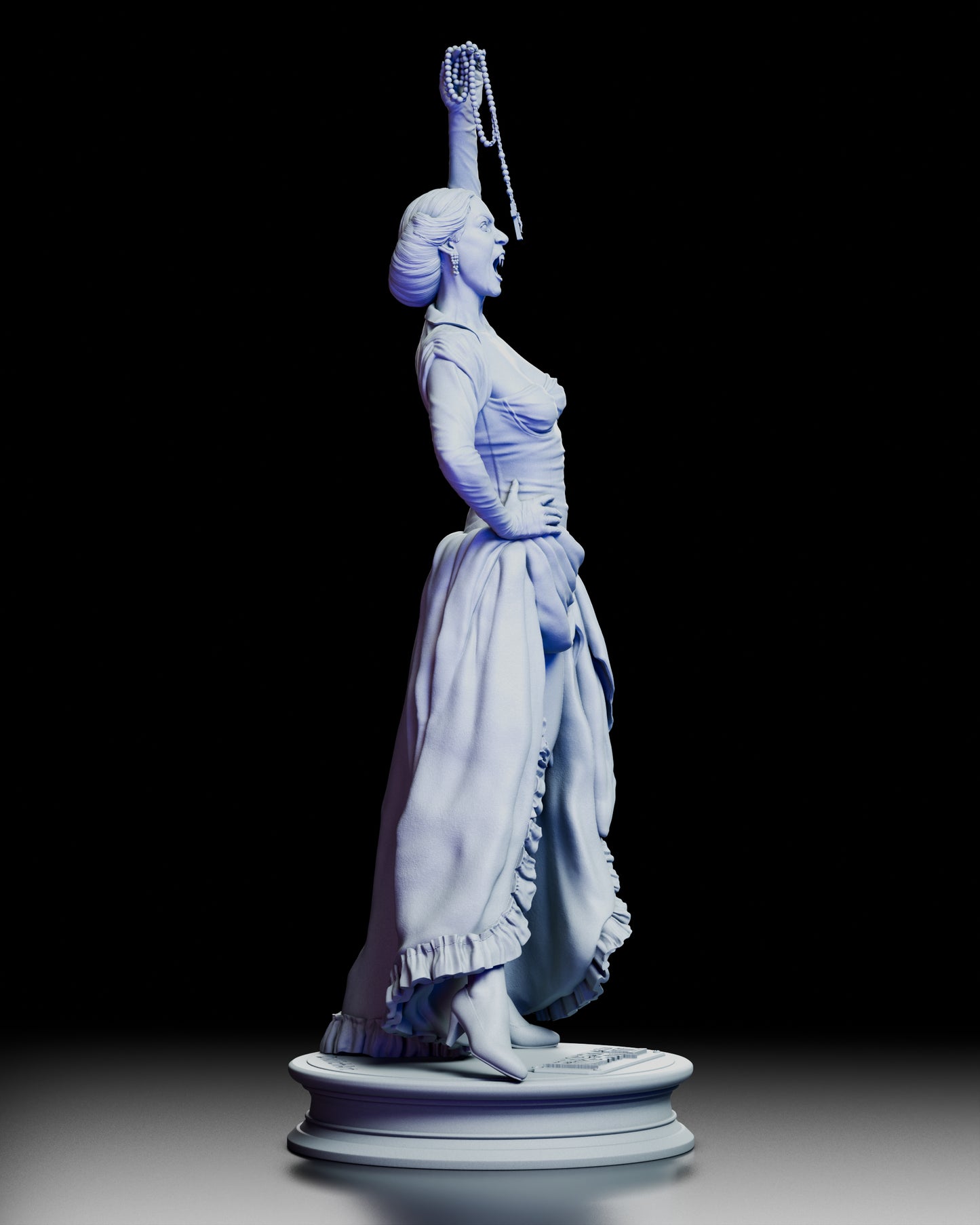 Right side view of the Regine Fright Night 2 maquette featuring the raised rosary, dramatic stance, and sculpted fabric detail.