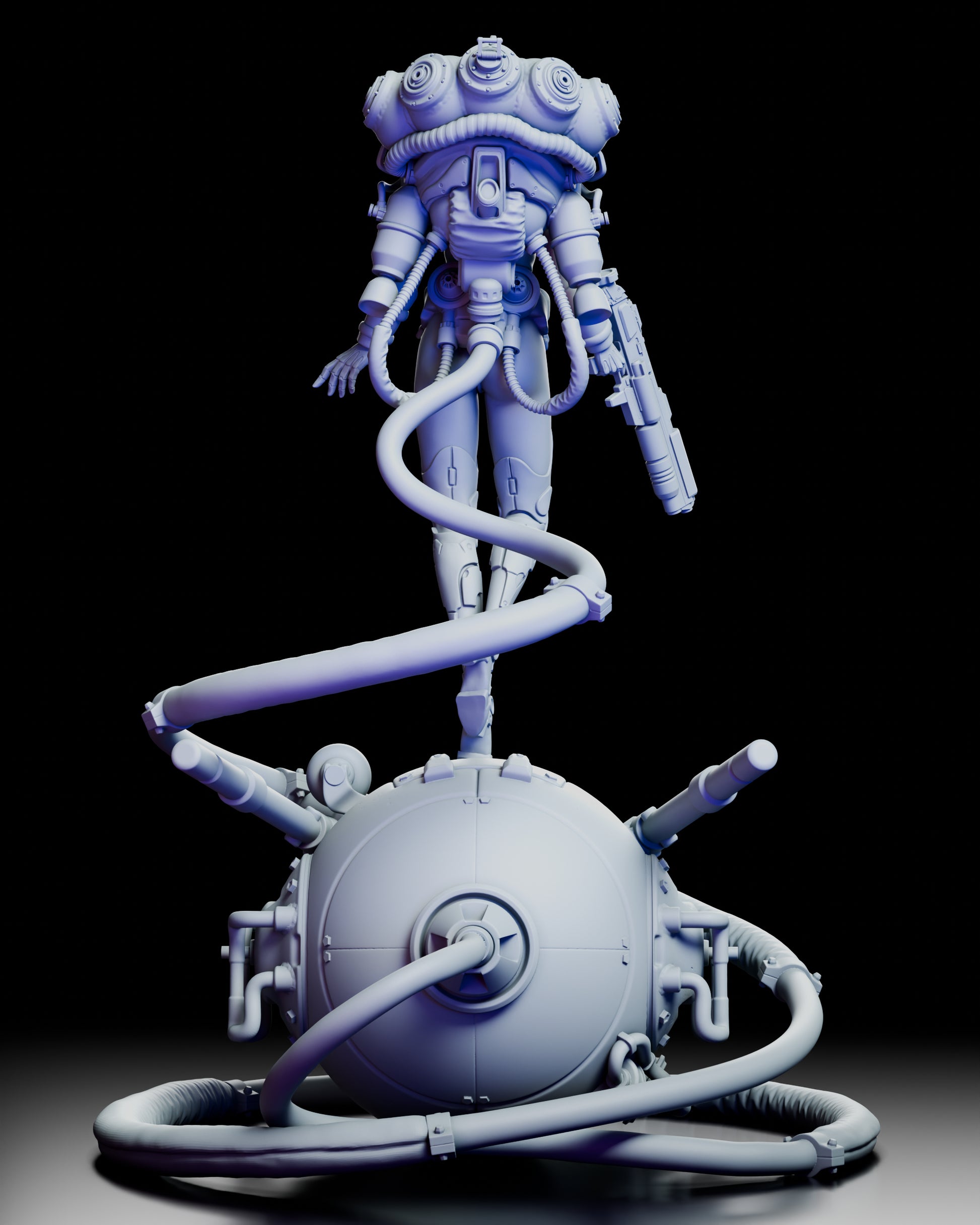 Rear view of a sci fi heroine figure showing detailed mechanical backpack with hoses connecting to a reactor base