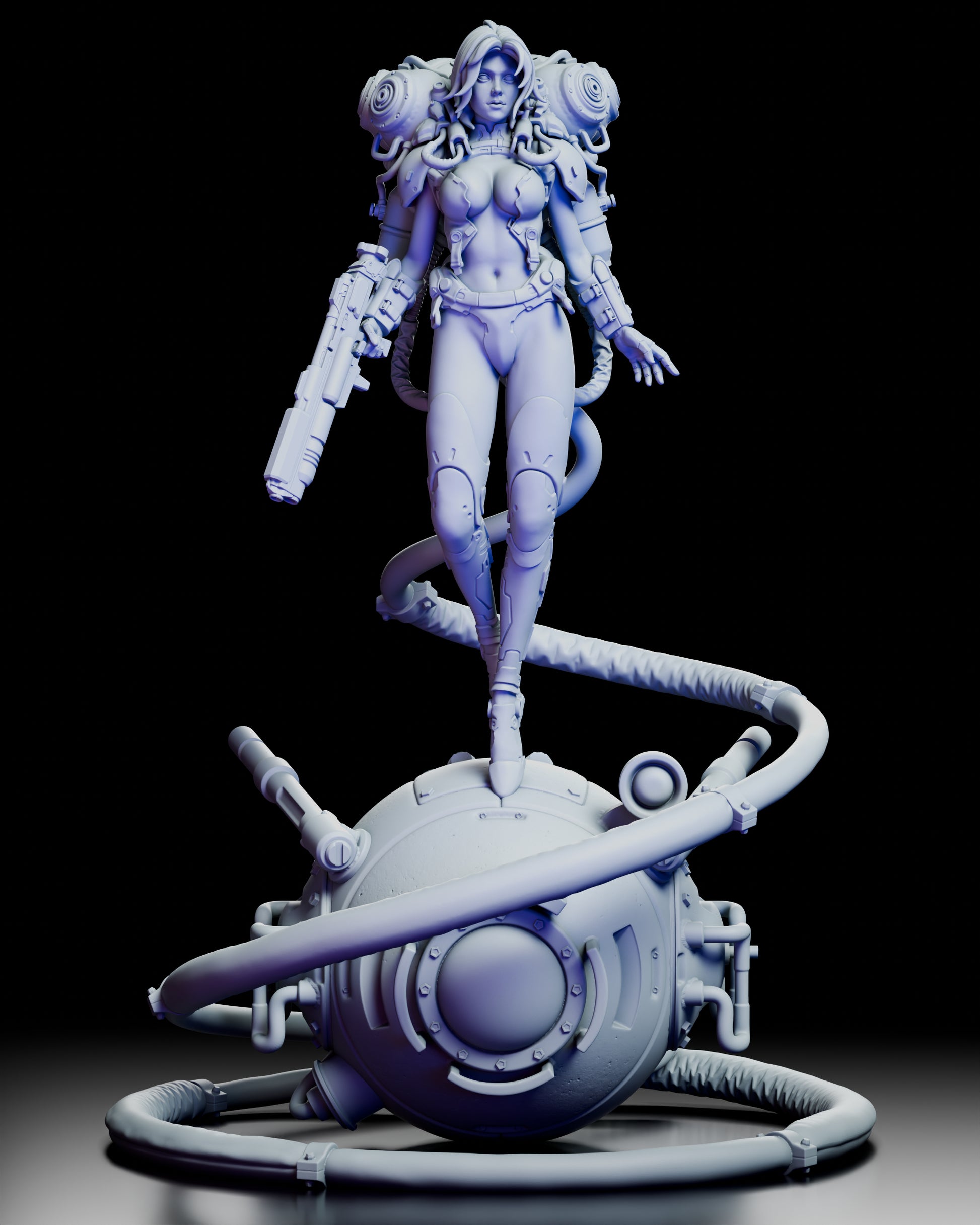 Front view of a retro sci fi space heroine figure standing on a spherical reactor base with cables and mechanical backpack