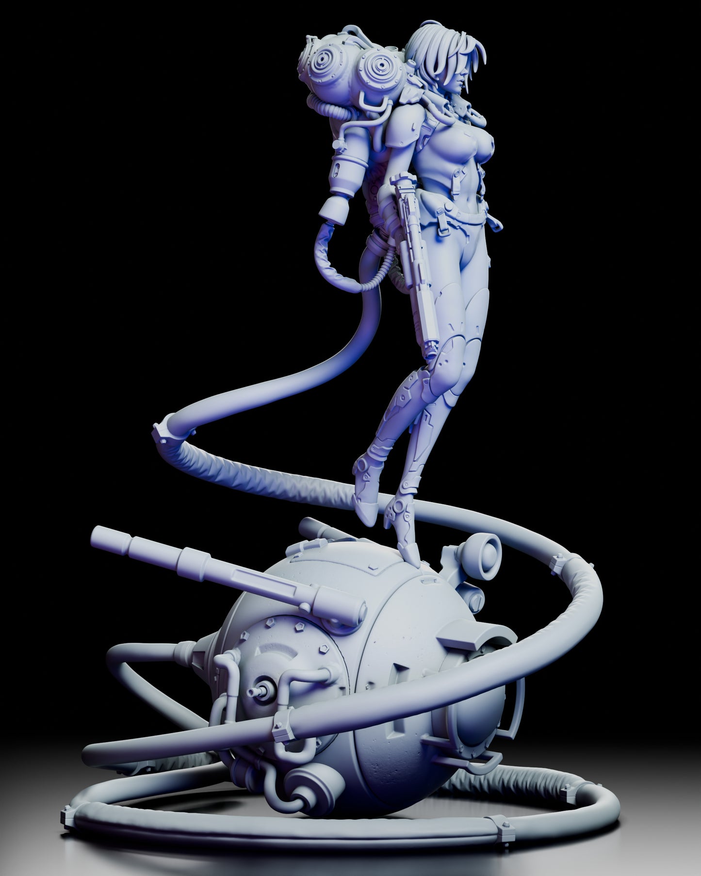 Right angled view of a sci fi heroine figure featuring armored bodysuit, mechanical backpack, and dynamic reactor base