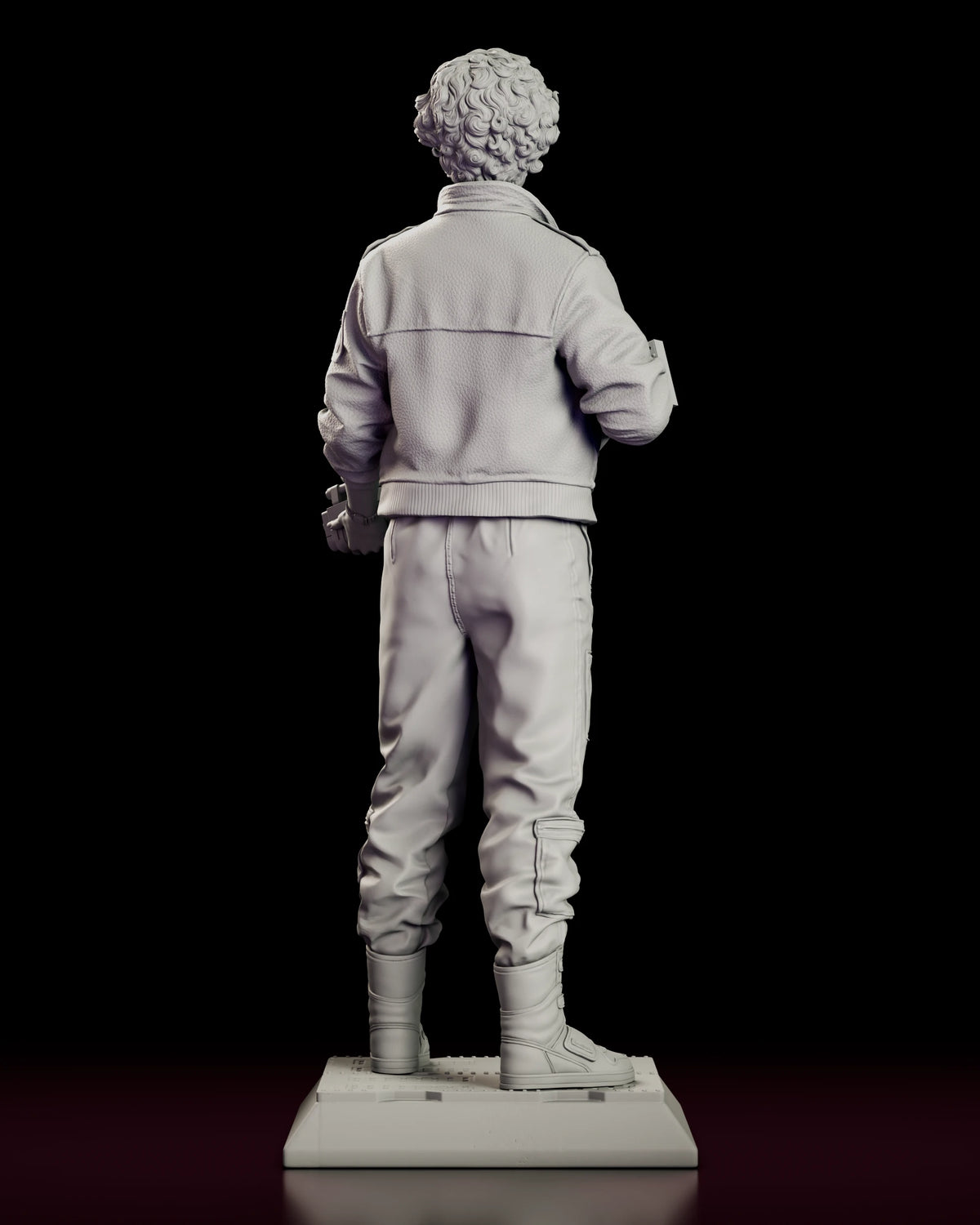 Rear view of the Ripley figure model kit showing the back of the flight jacket and the curl of her hair at the collar