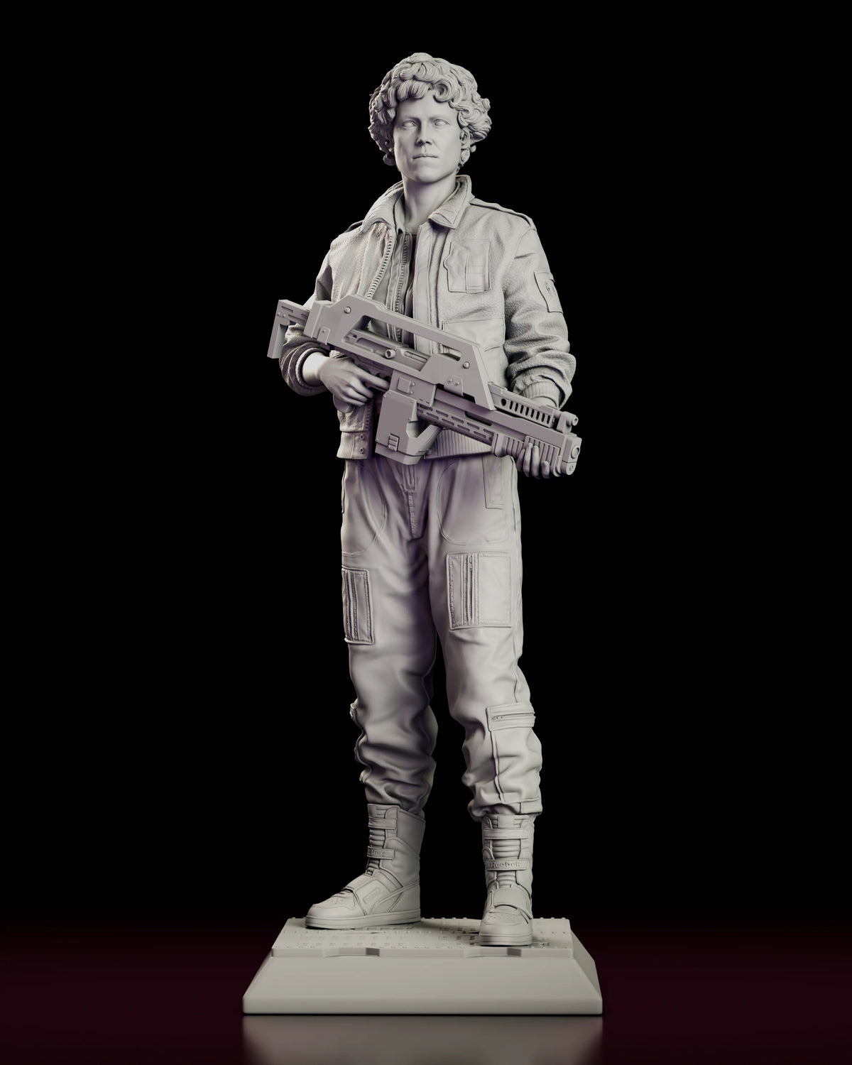 Front view of the Ripley figure model kit showing the flight jacket, cargo trousers and high-top trainers on a bevelled plinth