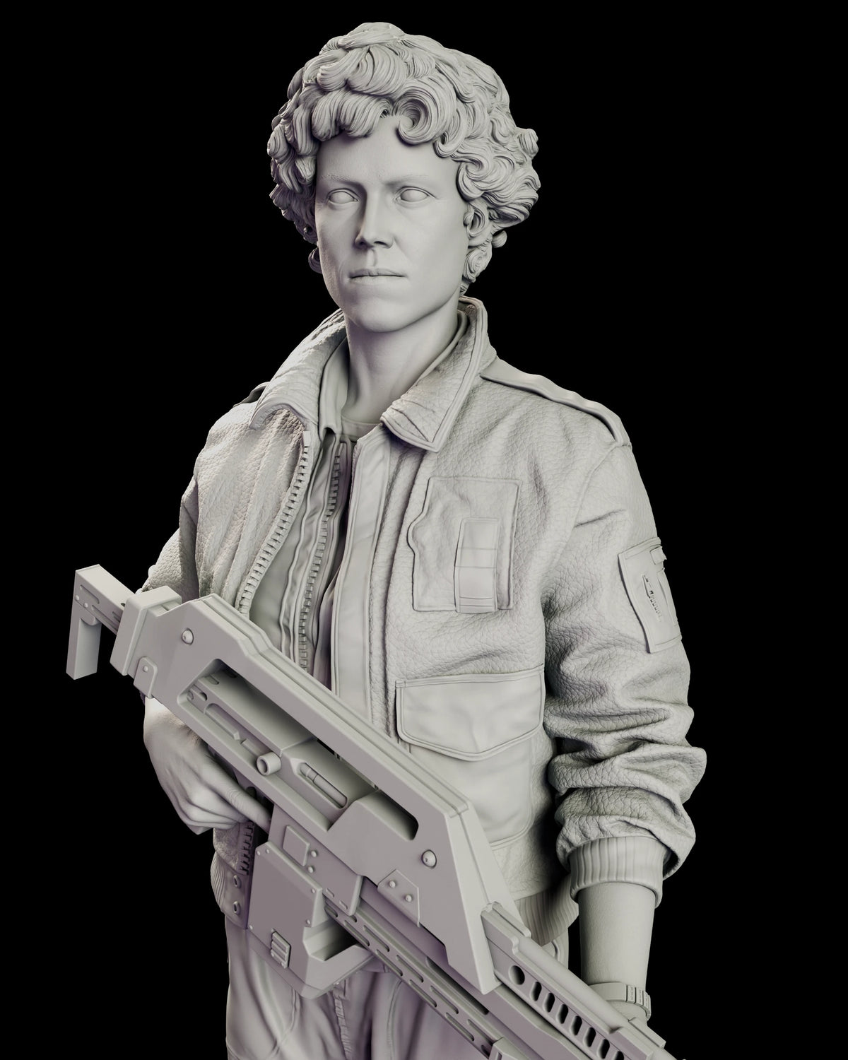 Upper body detail of Ripley in her textured flight jacket with the pulse rifle held in both hands