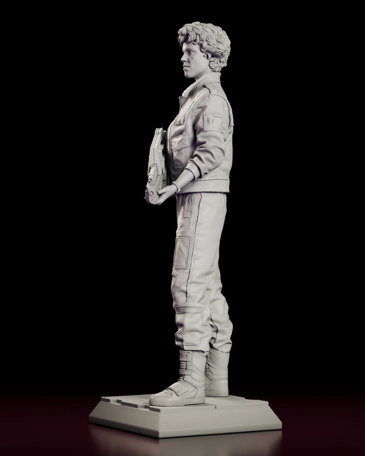 Left side view of the Ripley figure model kit showing the sleeve pocket and the creased trouser leg